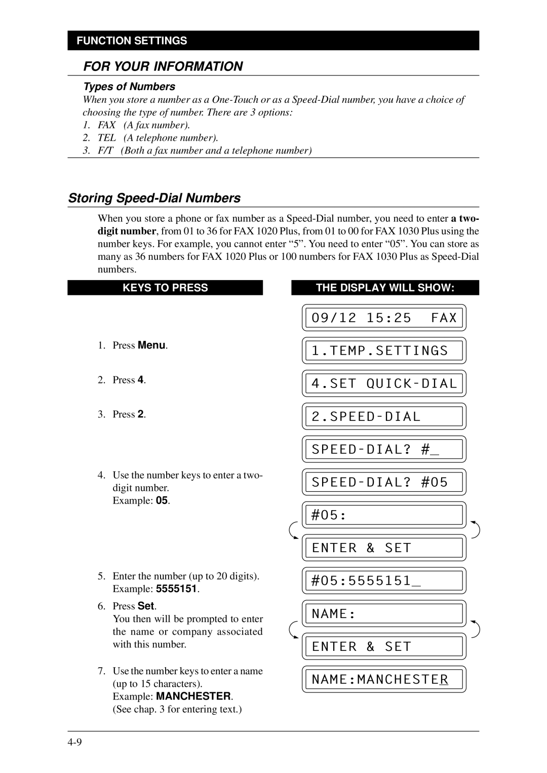 Brother Fax-1020Plus, FAX-1030Plus Storing Speed-Dial Numbers, Name Enter & SET Namemanchester, Types of Numbers 