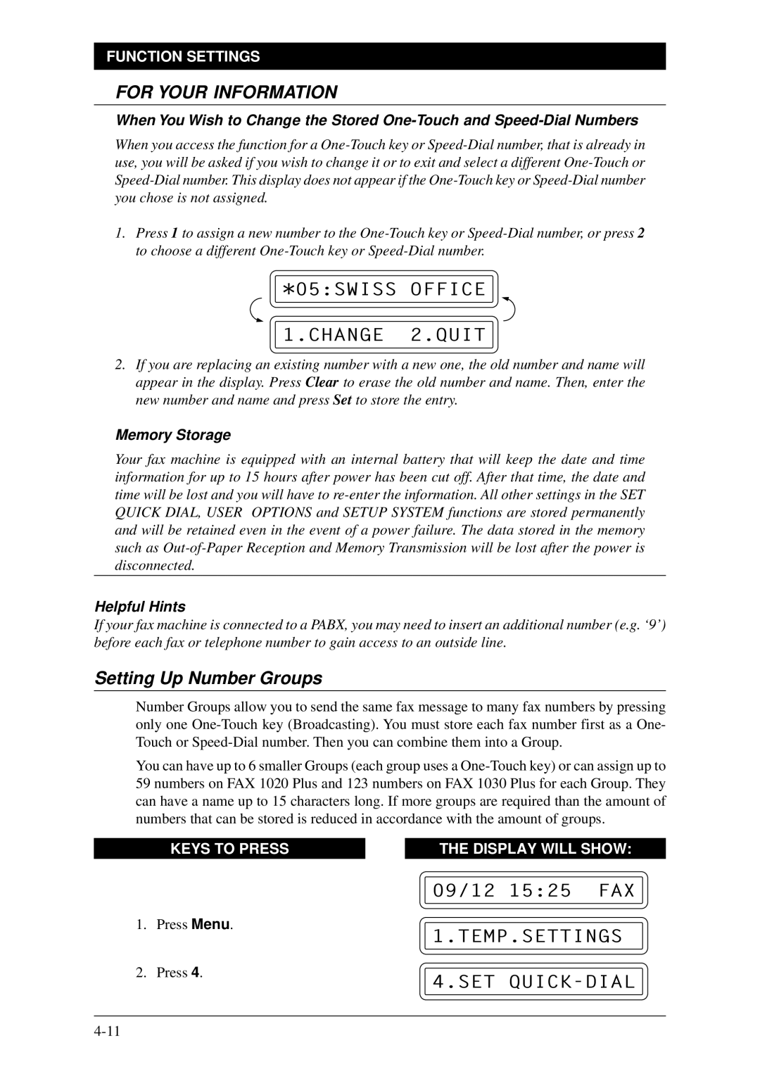 Brother Fax-1020Plus 05SWISS Office Change 2.QUIT, Setting Up Number Groups, Temp.Settings Set Quick-Dial, Memory Storage 