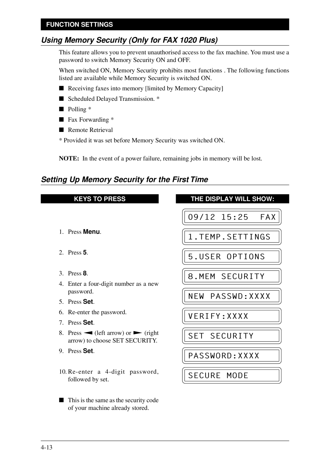 Brother Fax-1020Plus Using Memory Security Only for FAX 1020 Plus, Setting Up Memory Security for the First Time 