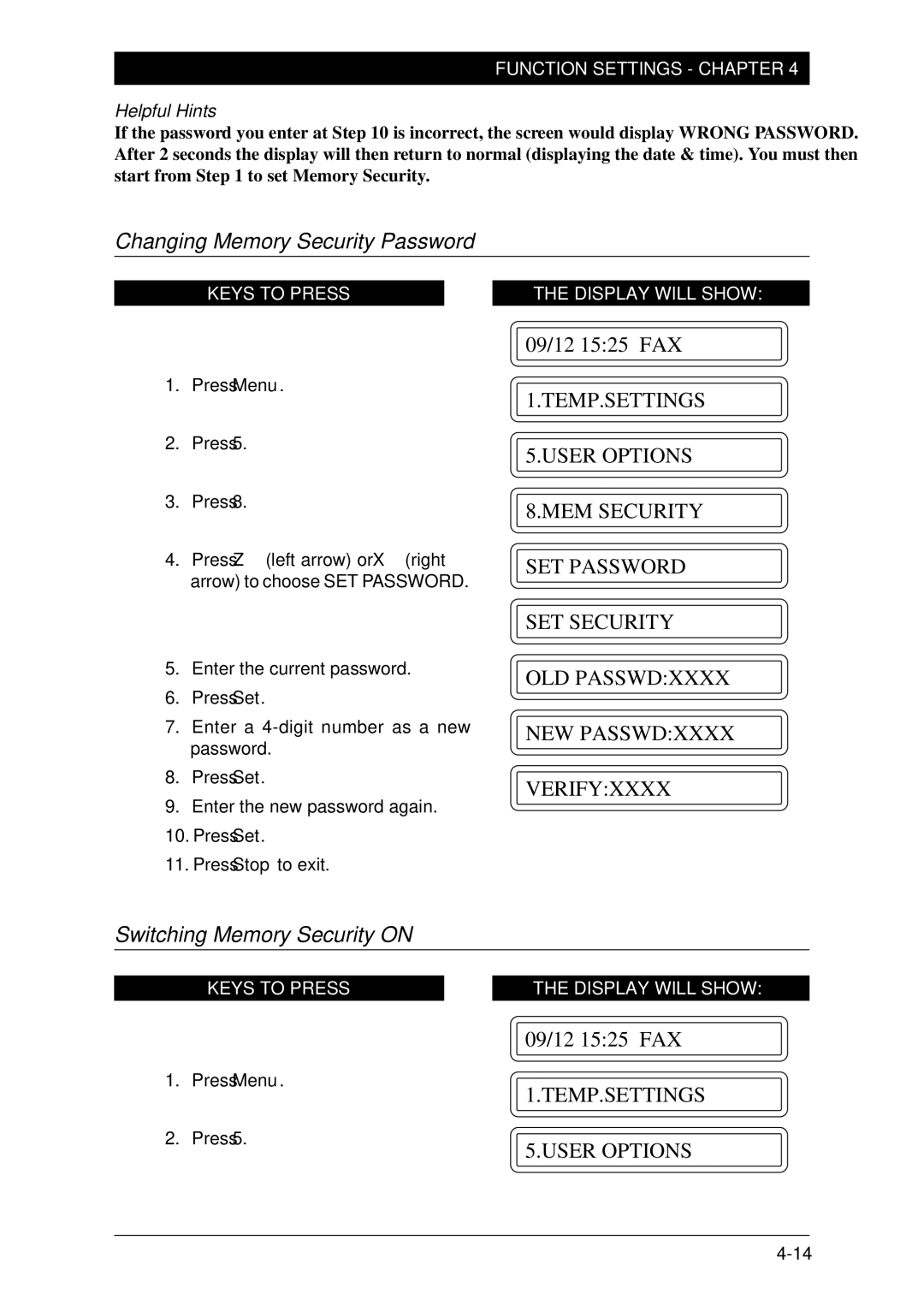 Brother FAX-1030Plus Changing Memory Security Password, Switching Memory Security on, TEMP.SETTINGS User Options 