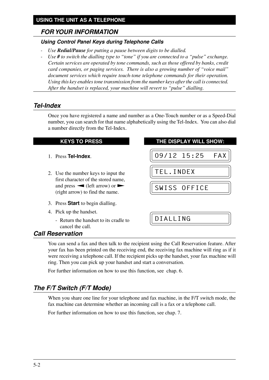 Brother Fax-1020Plus, FAX-1030Plus Tel-Index, TEL.INDEX Swiss Office Dialling, Call Reservation, F/T Switch F/T Mode 