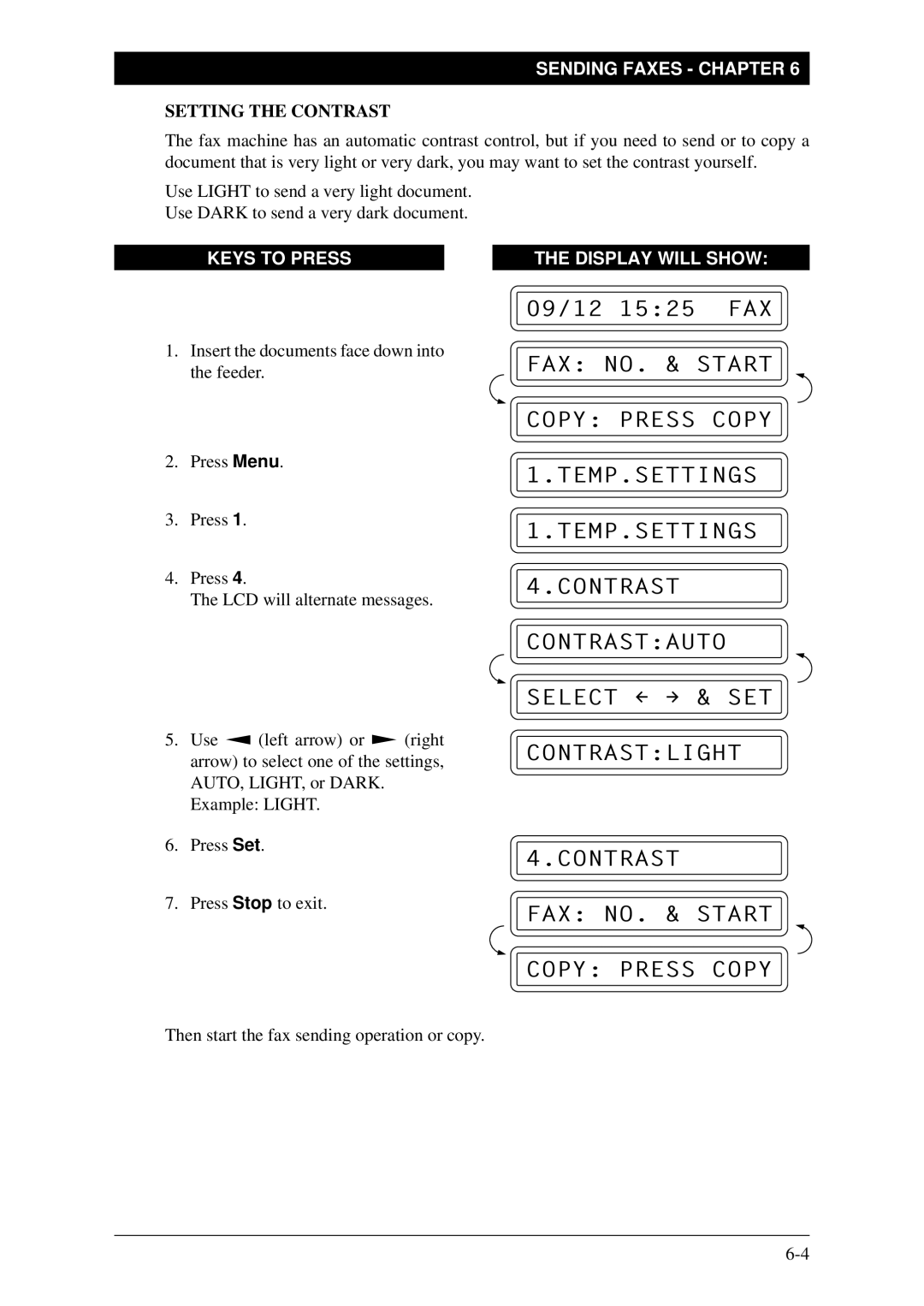 Brother FAX-1030Plus, Fax-1020Plus owner manual Setting the Contrast 