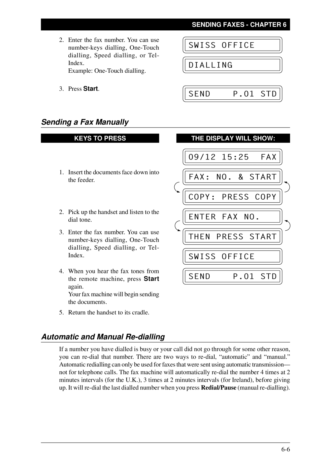 Brother FAX-1030Plus, Fax-1020Plus Sending a Fax Manually, Swiss Office Dialling Send, Automatic and Manual Re-dialling 