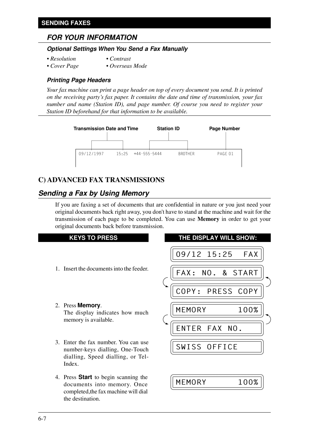 Brother Fax-1020Plus Sending a Fax by Using Memory, FAX NO. & Start Copy Press Copy Memory 100%, Printing Page Headers 