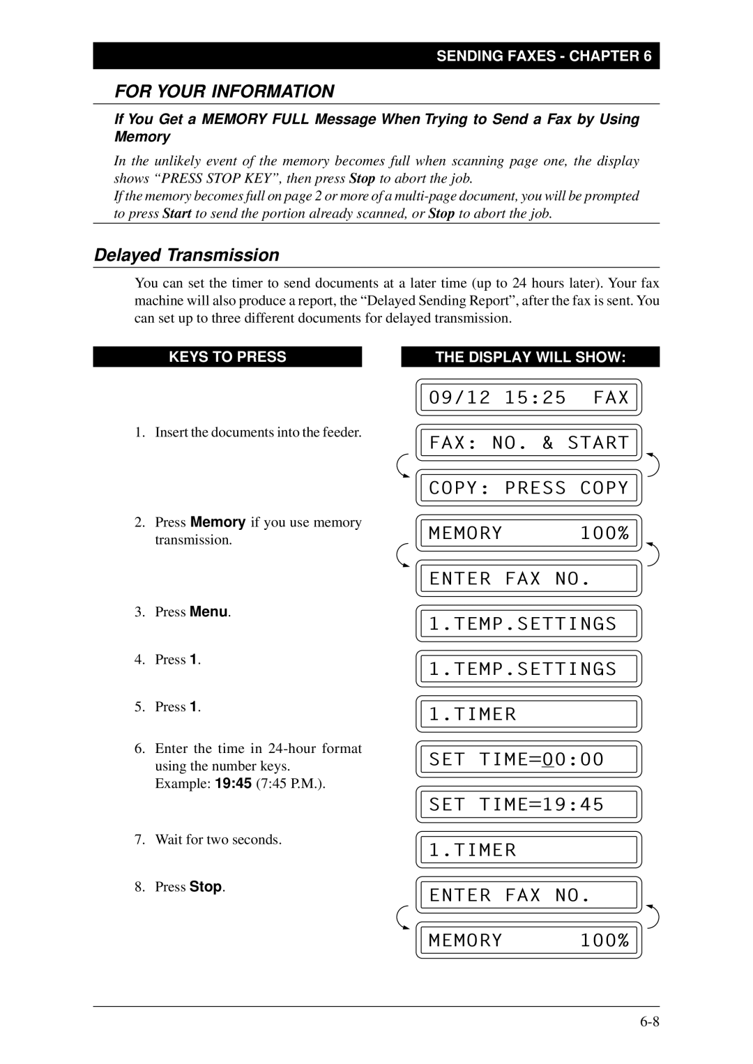 Brother FAX-1030Plus, Fax-1020Plus owner manual Delayed Transmission, Timer Enter FAX no Memory 100% 