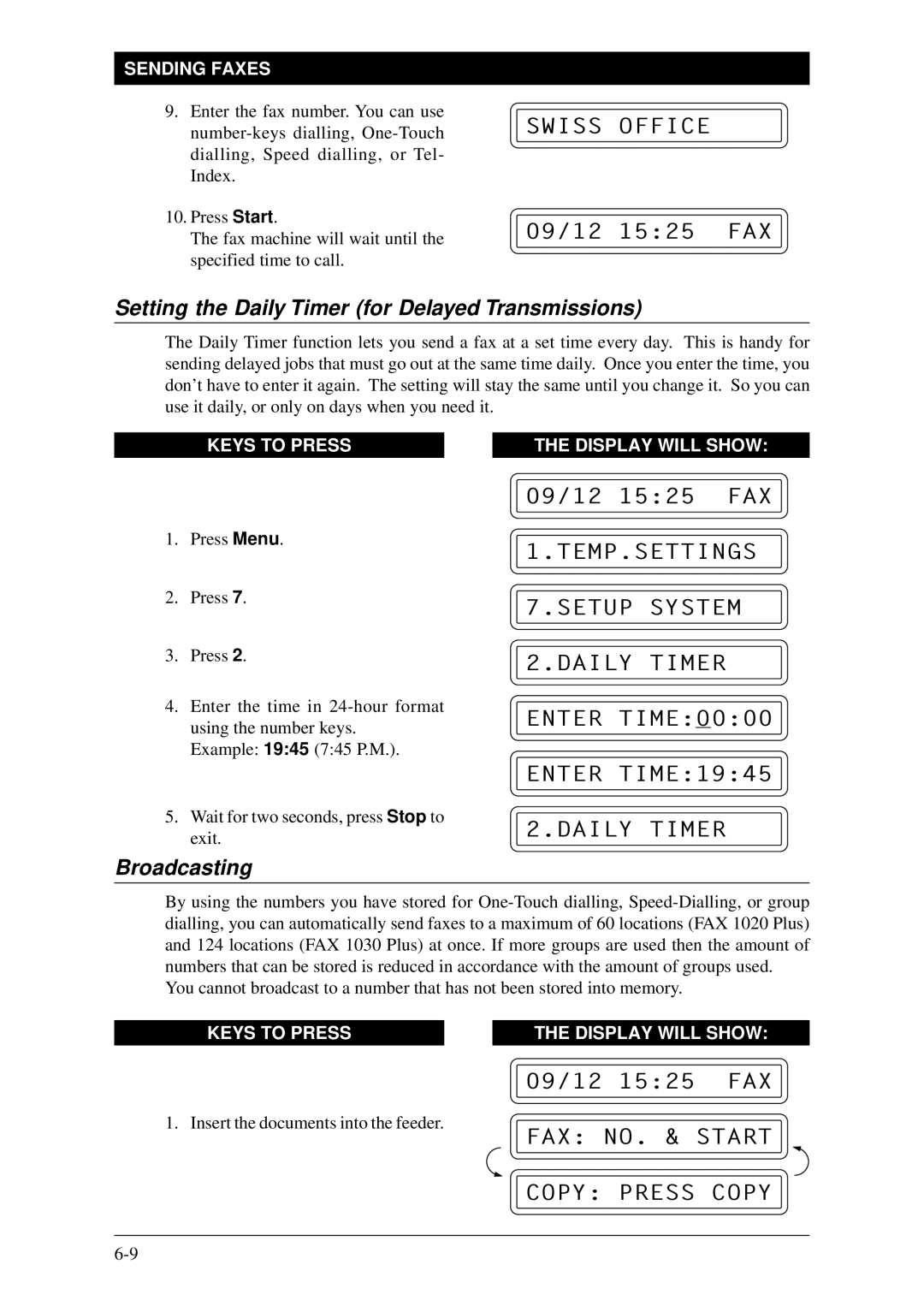 Brother Fax-1020Plus Setting the Daily Timer for Delayed Transmissions, Enter TIME1945 Daily Timer, Broadcasting 