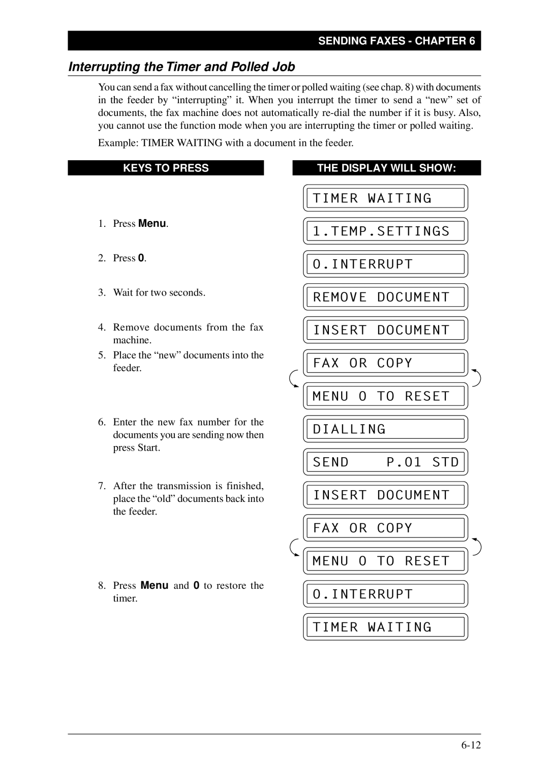 Brother FAX-1030Plus Interrupting the Timer and Polled Job, FAX or Copy Menu 0 to Reset Interrupt Timer Waiting 