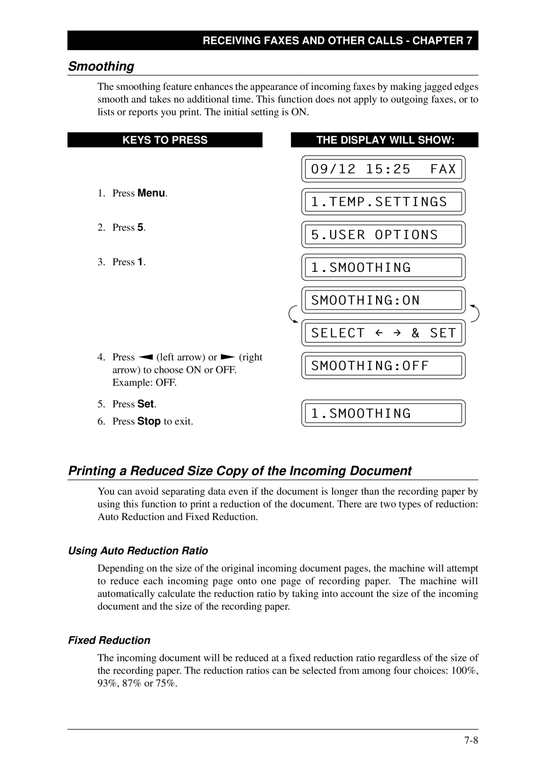 Brother FAX-1030Plus Smoothing, Printing a Reduced Size Copy of the Incoming Document, Using Auto Reduction Ratio 