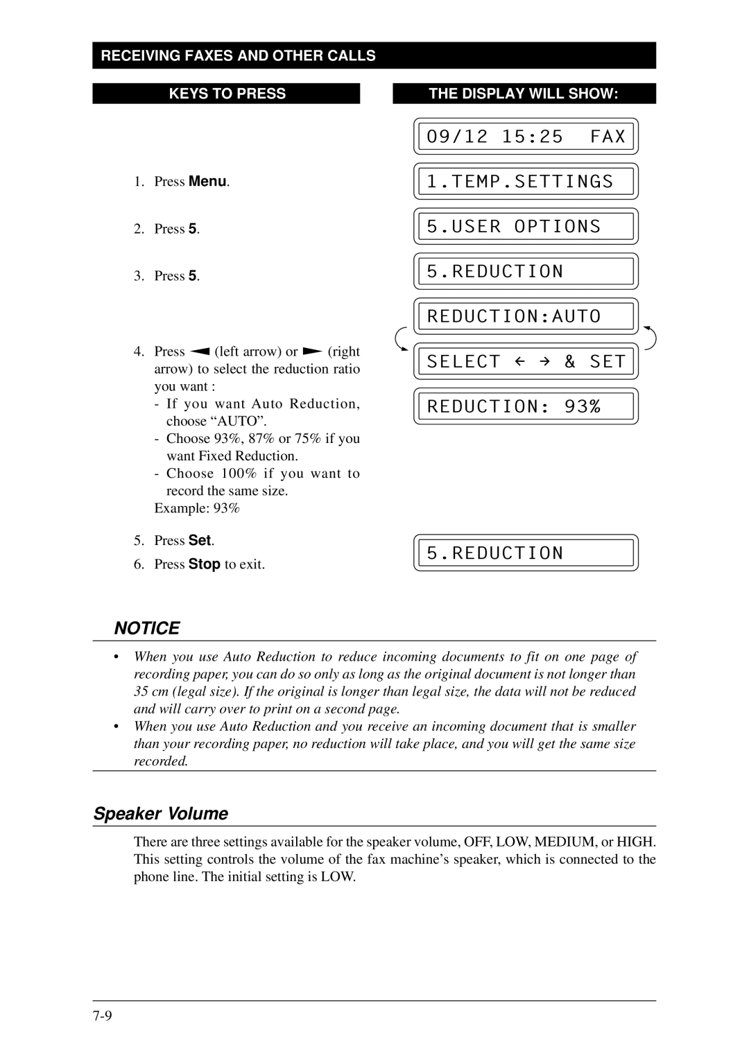 Brother Fax-1020Plus, FAX-1030Plus User Options Reduction Reductionauto, Select & SET Reduction 93%, Speaker Volume 