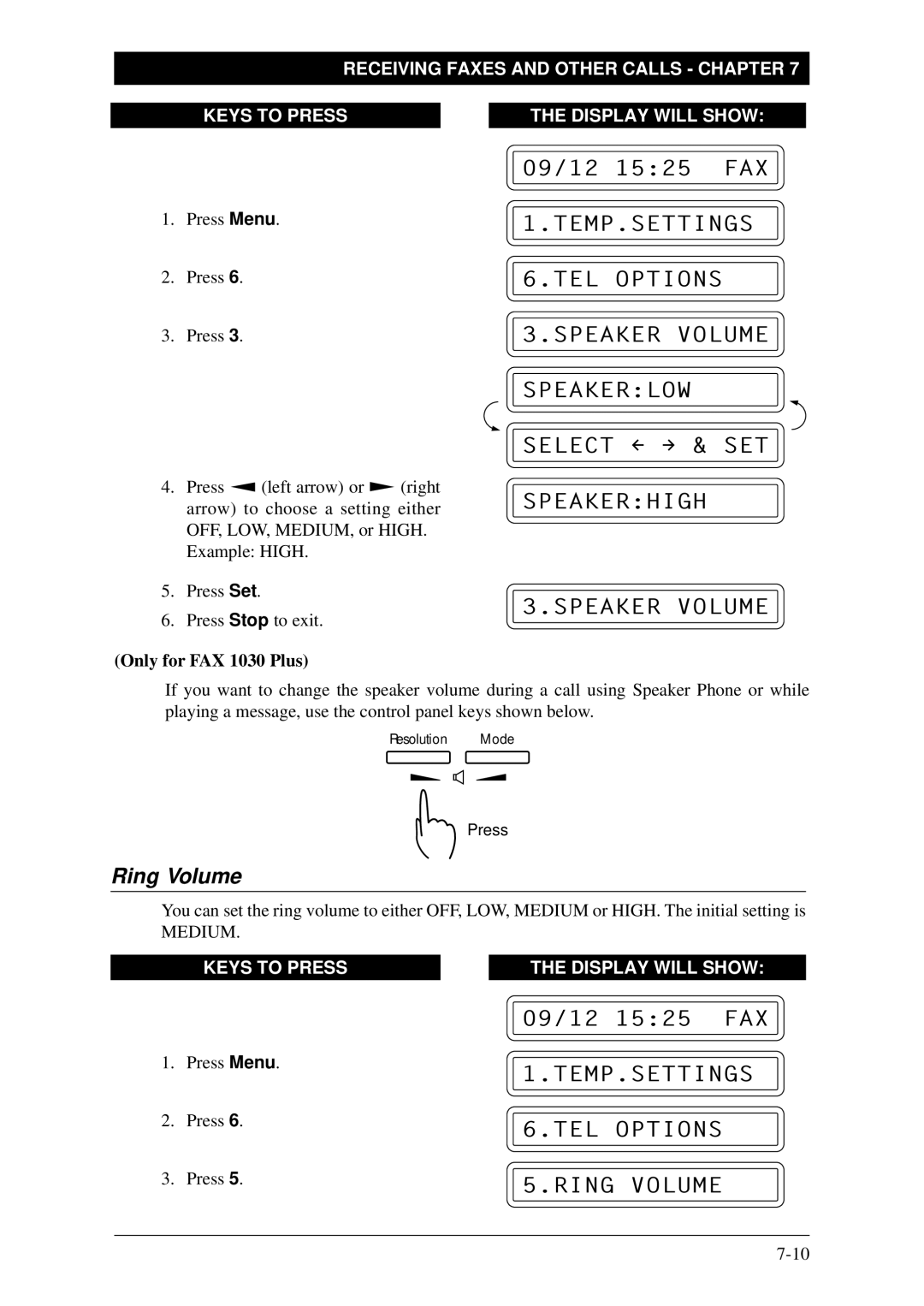 Brother FAX-1030Plus Speakerhigh Speaker Volume, TEMP.SETTINGS TEL Options Ring Volume, Only for FAX 1030 Plus 