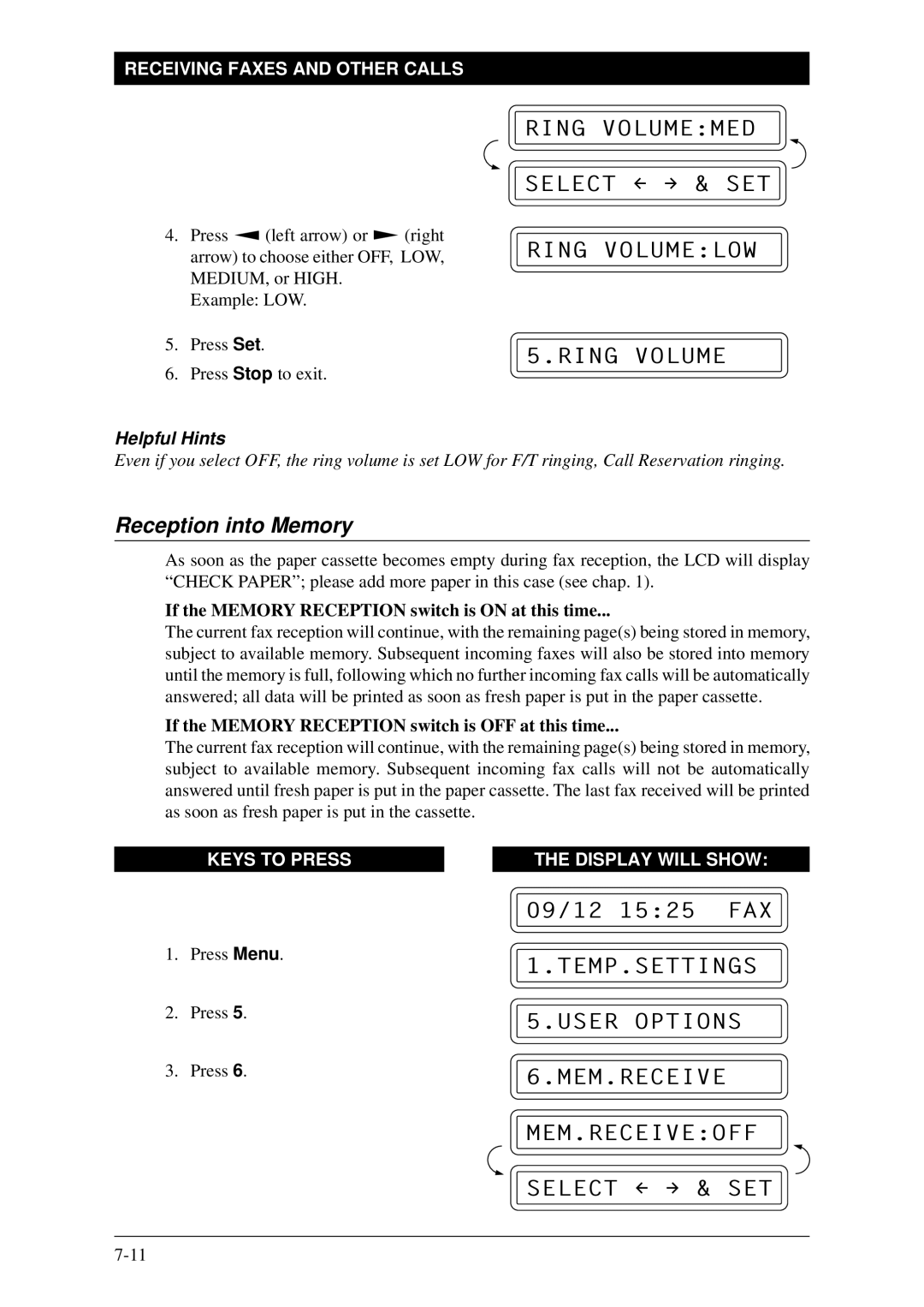 Brother Fax-1020Plus, FAX-1030Plus owner manual Ring Volumemed Select & SET, Ring Volumelow, Reception into Memory 