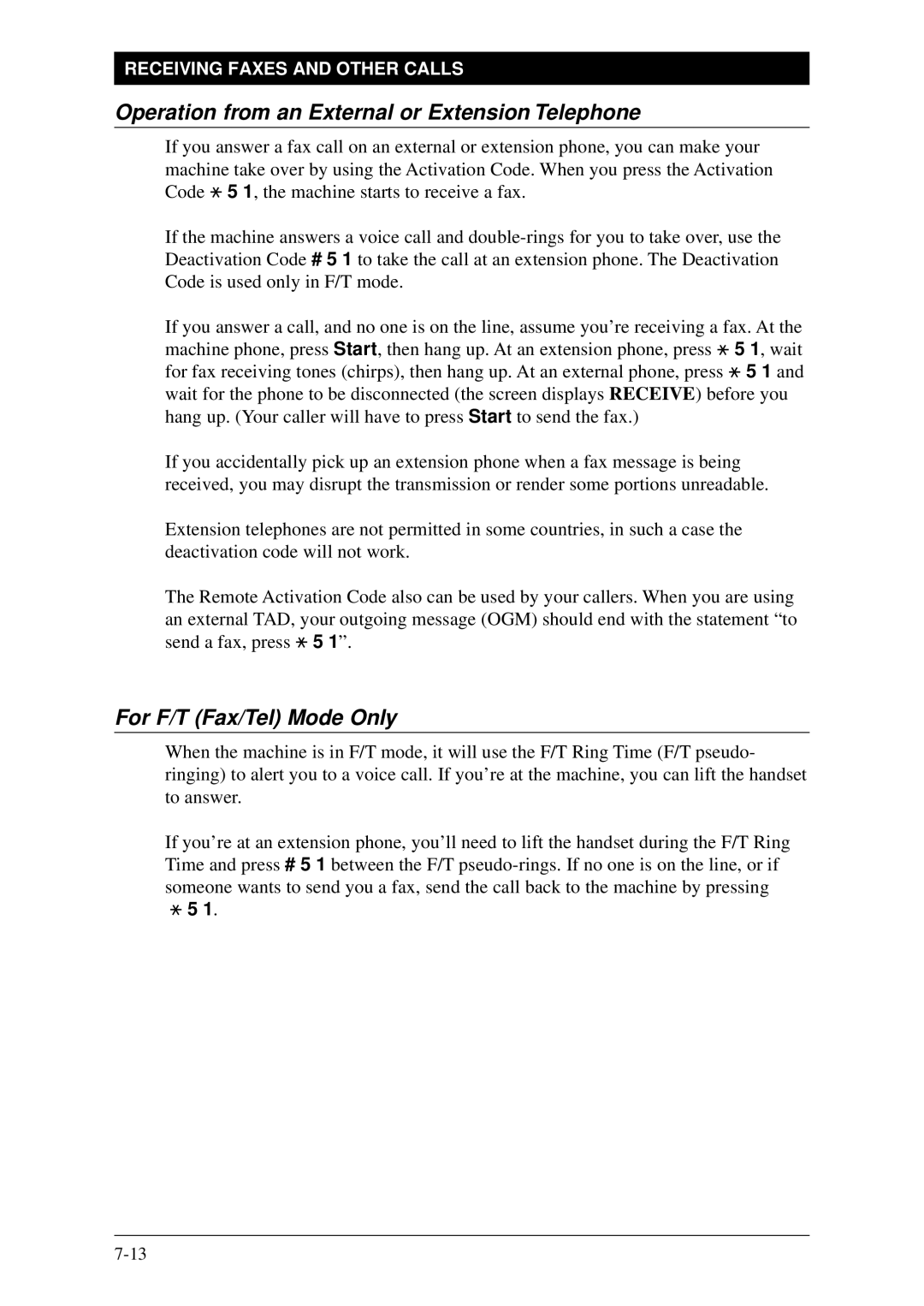 Brother Fax-1020Plus, FAX-1030Plus owner manual Operation from an External or Extension Telephone, For F/T Fax/Tel Mode Only 