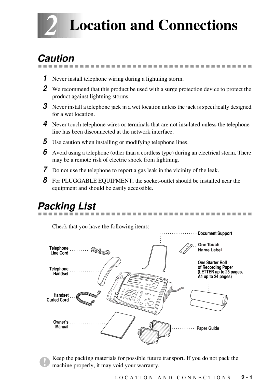 Brother FAX-222, FAX-202 owner manual 2Location and Connections, Packing List 