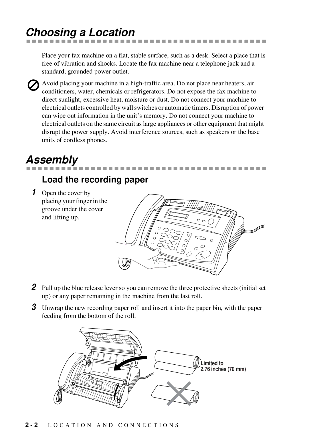 Brother FAX-202, FAX-222 owner manual Choosing a Location, Assembly, Load the recording paper 