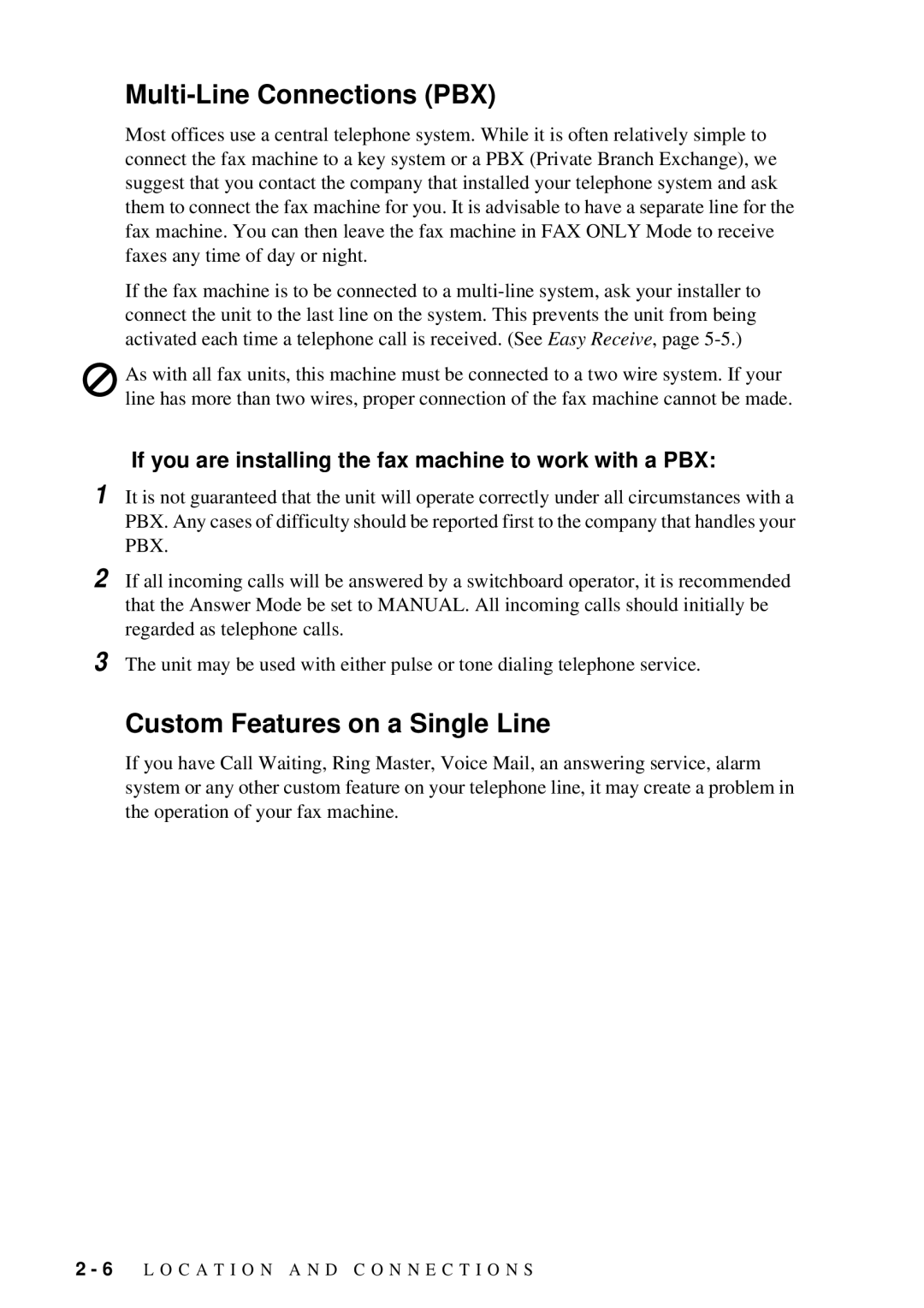 Brother FAX-202, FAX-222 owner manual Multi-Line Connections PBX, Custom Features on a Single Line 