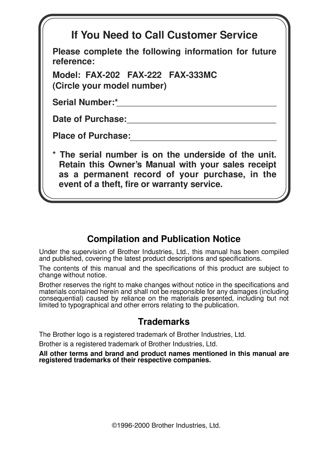 Brother FAX-202, FAX-222 owner manual Compilation and Publication Notice, Trademarks 