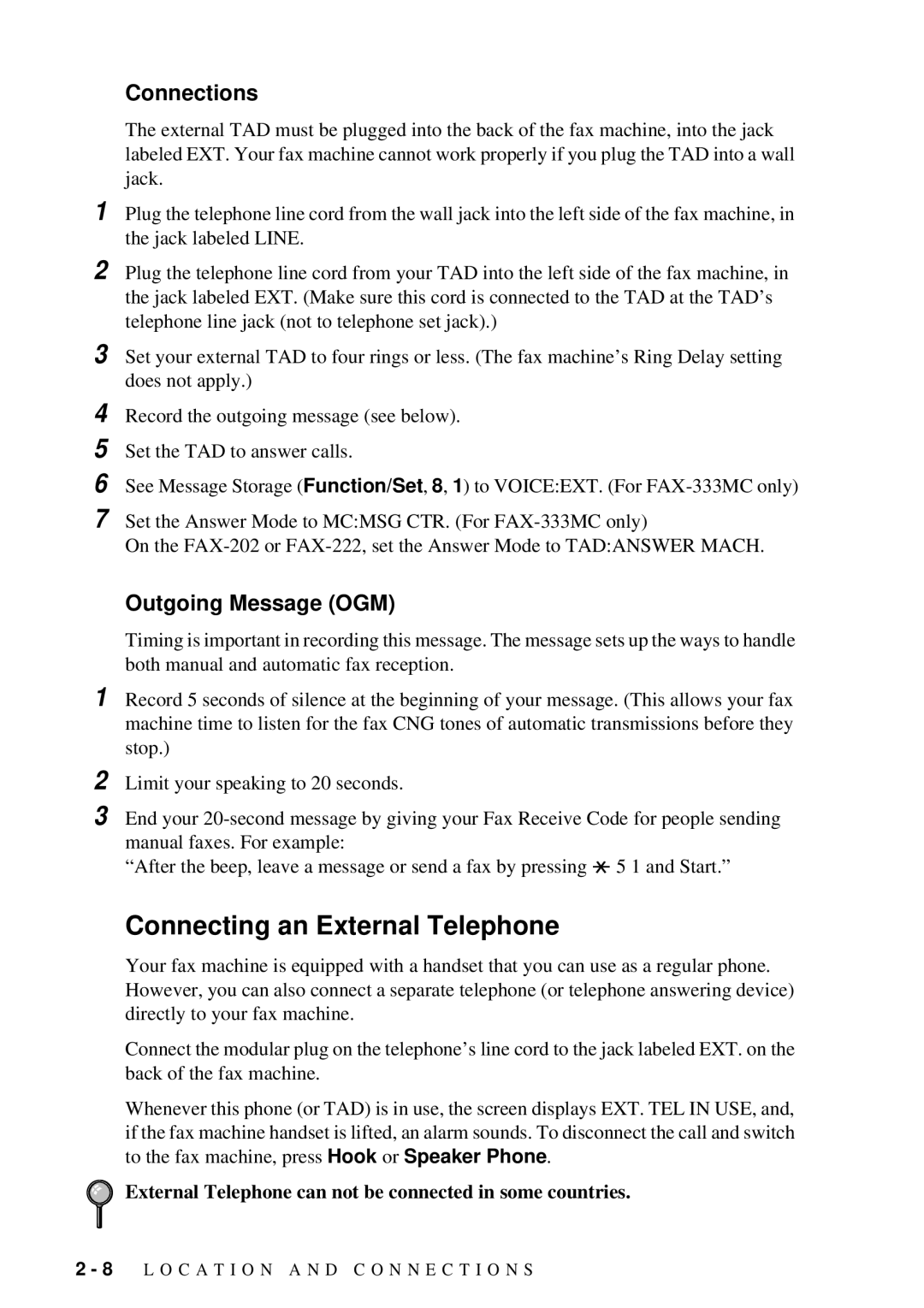 Brother FAX-202, FAX-222 owner manual Connecting an External Telephone, Connections, Outgoing Message OGM 