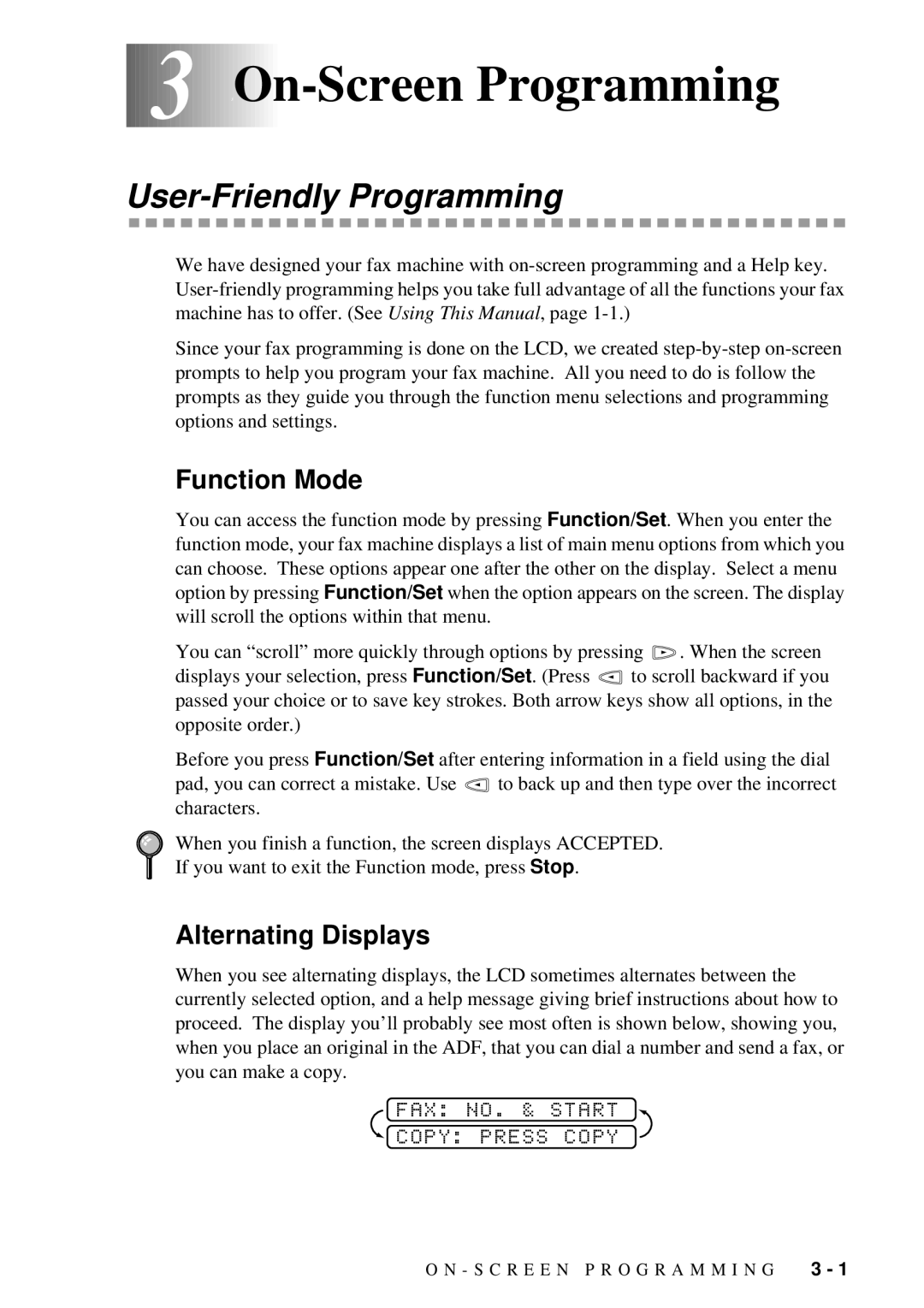 Brother FAX-222, FAX-202 owner manual 3On-Screen Programming, User-Friendly Programming, Function Mode, Alternating Displays 