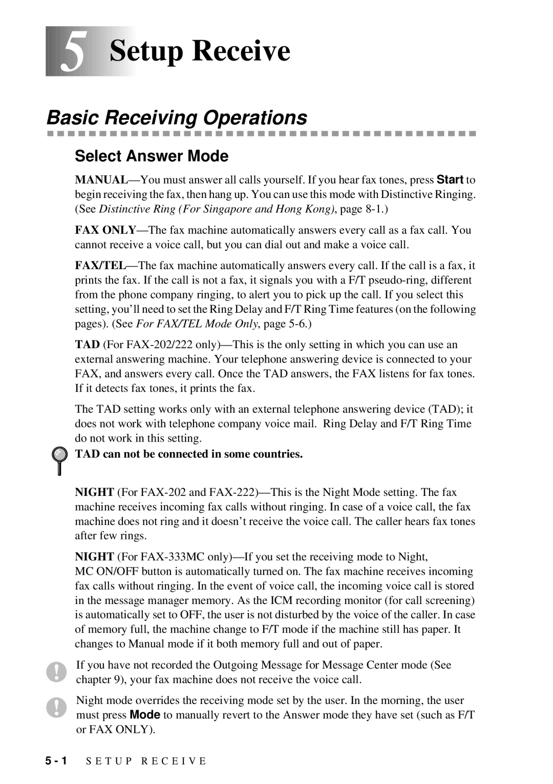 Brother FAX-202, FAX-222 owner manual 5Setup Receive, Basic Receiving Operations, Select Answer Mode 