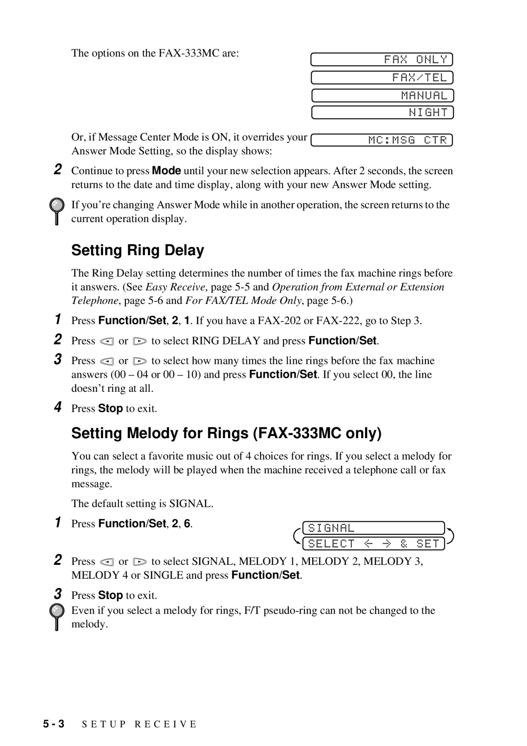 Brother FAX-202 Setting Ring Delay, Setting Melody for Rings FAX-333MC only, FAX only FAX/TEL Manual Night, Signal 