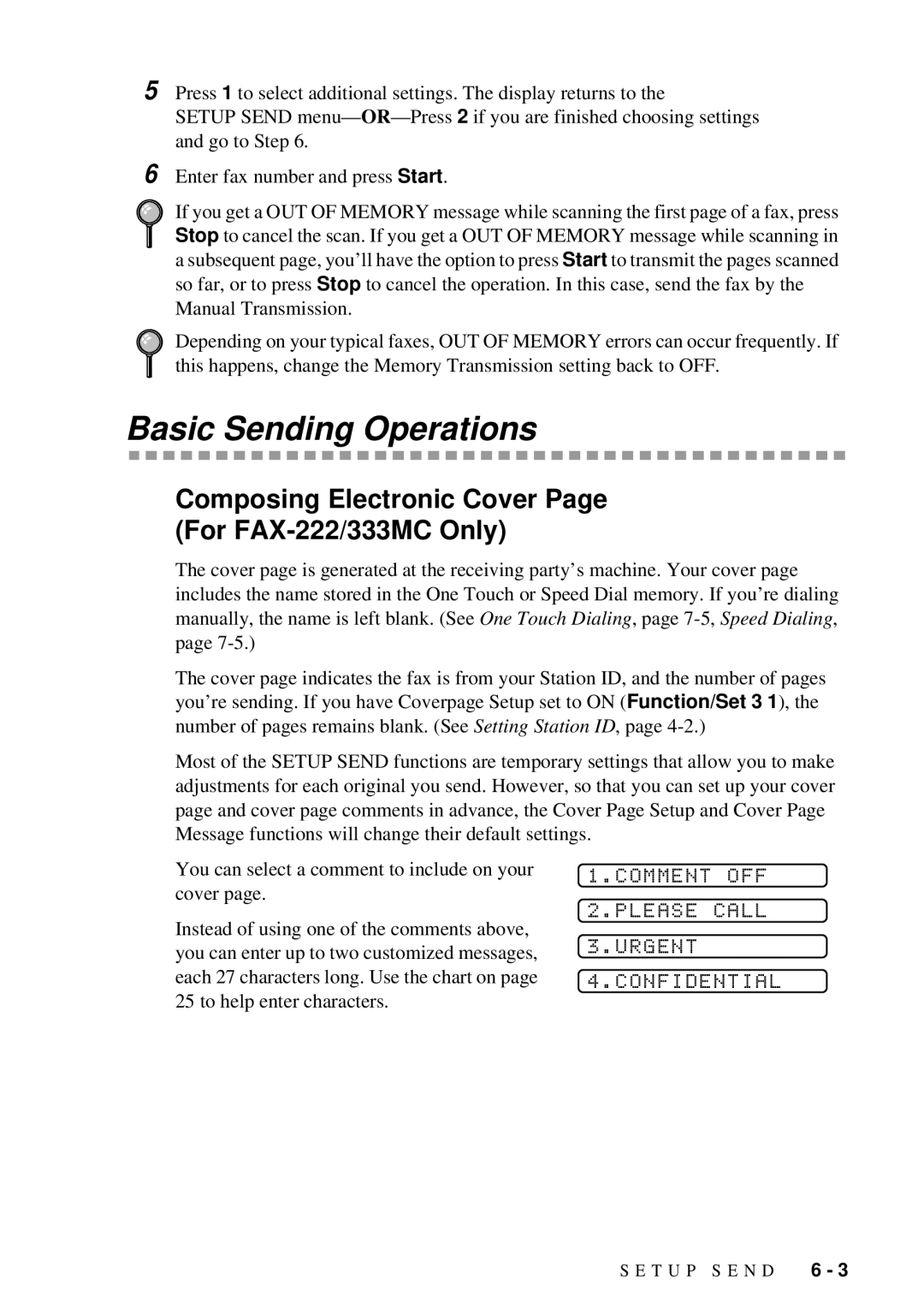 Brother FAX-202 owner manual Basic Sending Operations, Composing Electronic Cover For FAX-222/333MC Only 