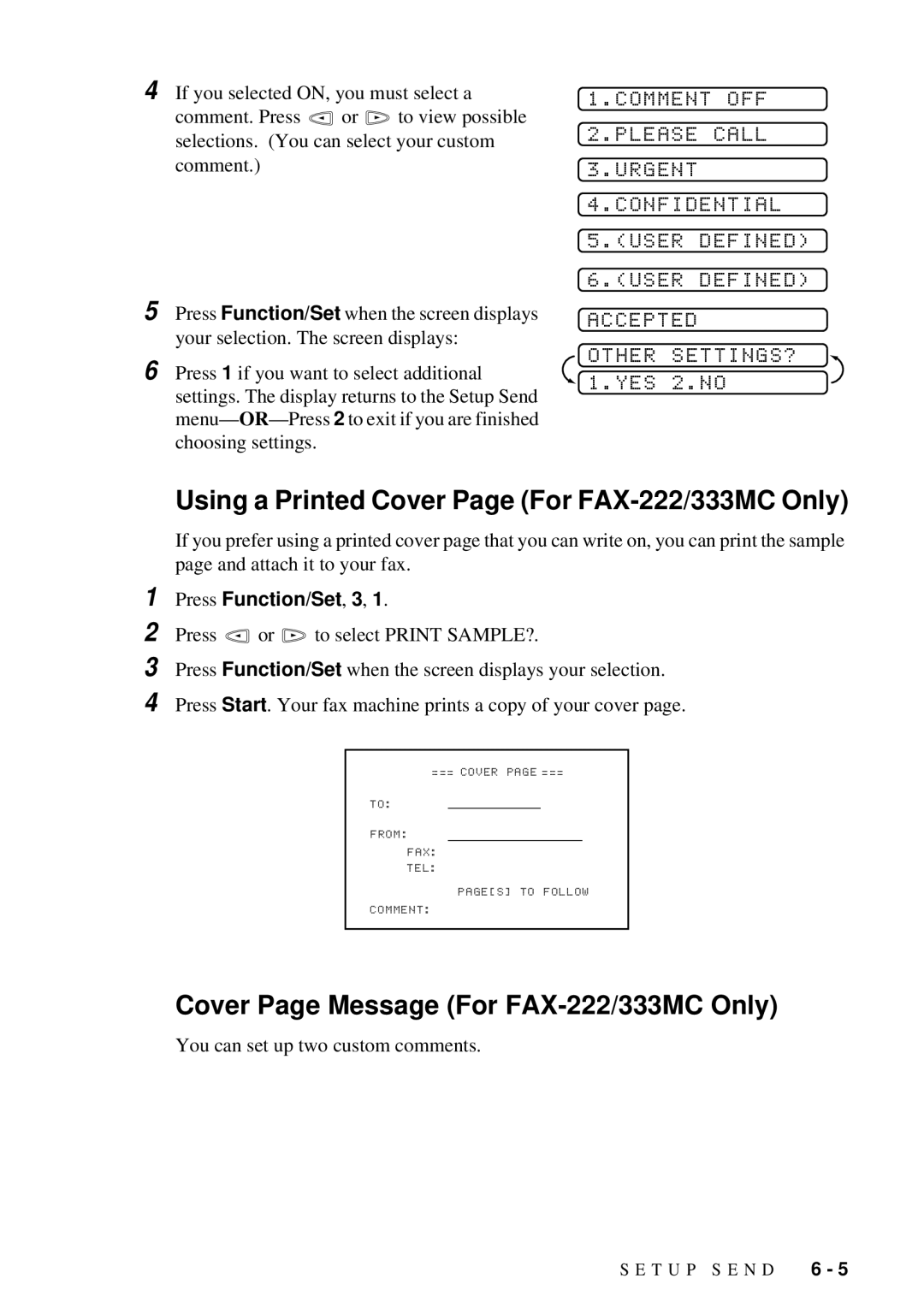 Brother FAX-202 Using a Printed Cover Page For FAX-222/333MC Only, Cover Page Message For FAX-222/333MC Only 