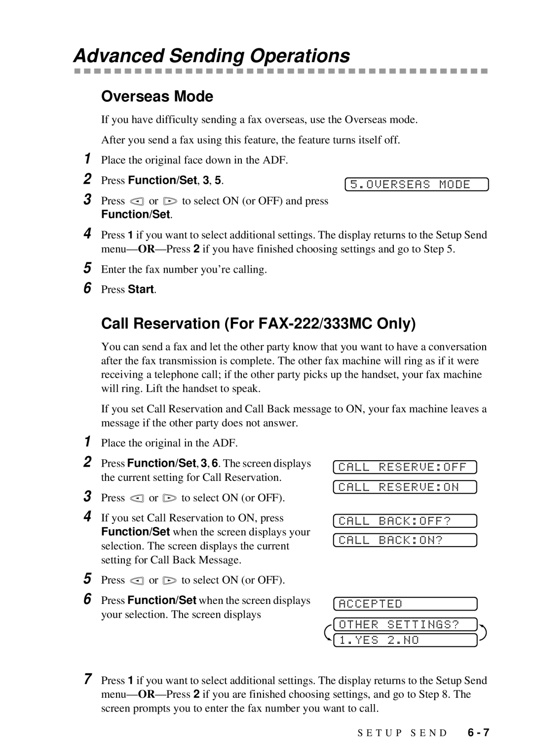 Brother FAX-202 owner manual Advanced Sending Operations, Overseas Mode, Call Reservation For FAX-222/333MC Only 