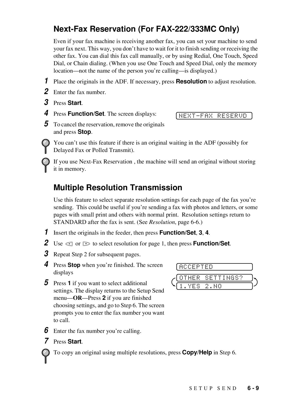 Brother FAX-202 owner manual Next-Fax Reservation For FAX-222/333MC Only, Multiple Resolution Transmission 