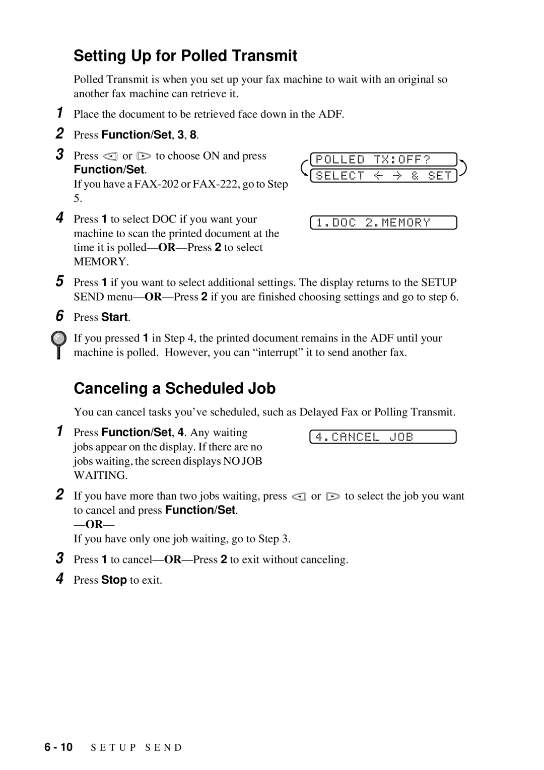 Brother FAX-202, FAX-222 Setting Up for Polled Transmit, Canceling a Scheduled Job, Polled TXOFF?, DOC Memory, Cancel JOB 