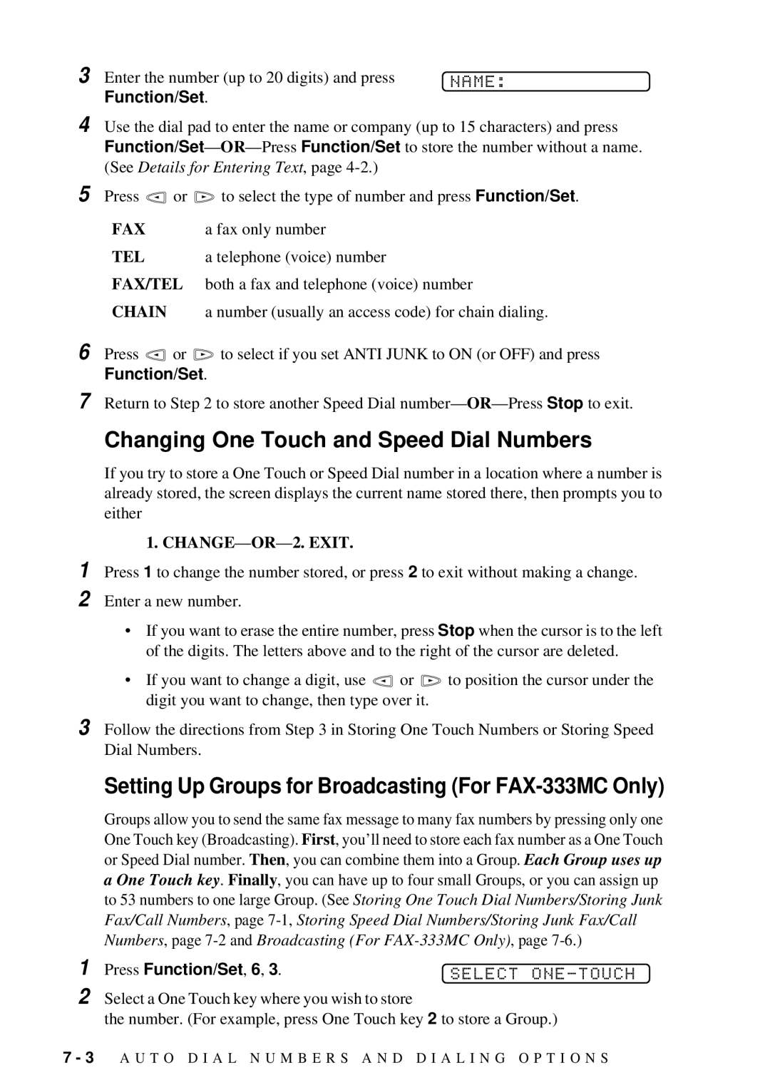 Brother FAX-202, FAX-222 Changing One Touch and Speed Dial Numbers, Setting Up Groups for Broadcasting For FAX-333MC Only 