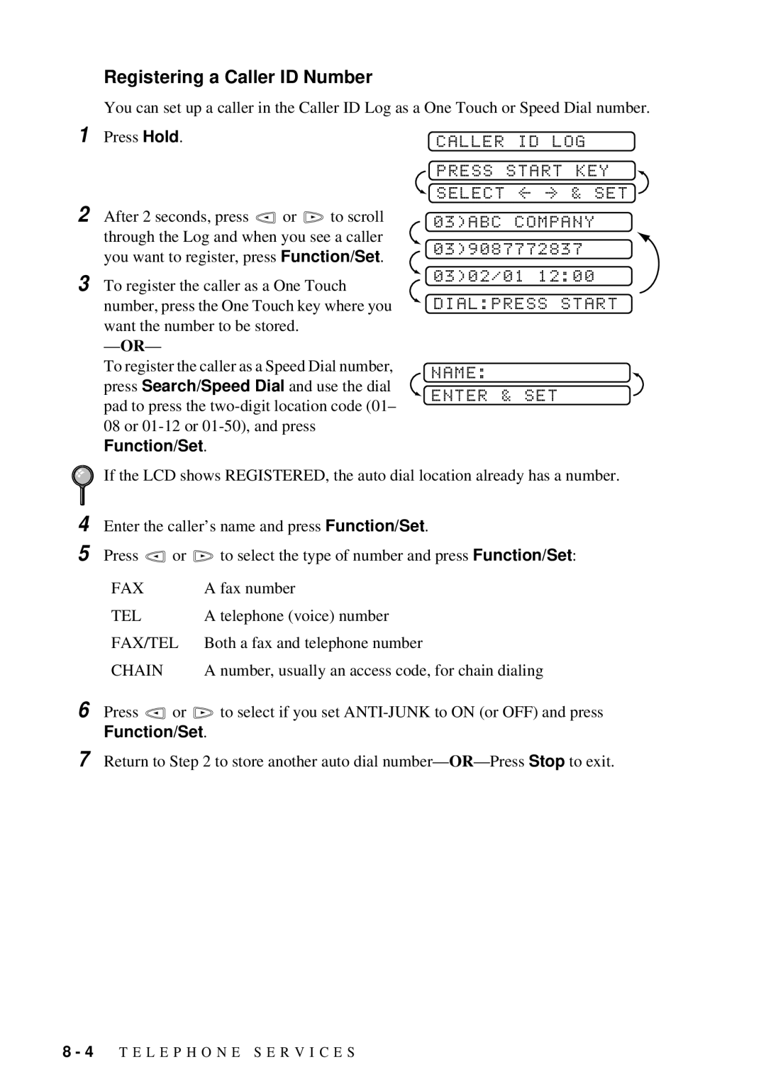 Brother FAX-202, FAX-222 Registering a Caller ID Number, Caller ID LOG Press Start KEY Select - & SET 03ABC Company 