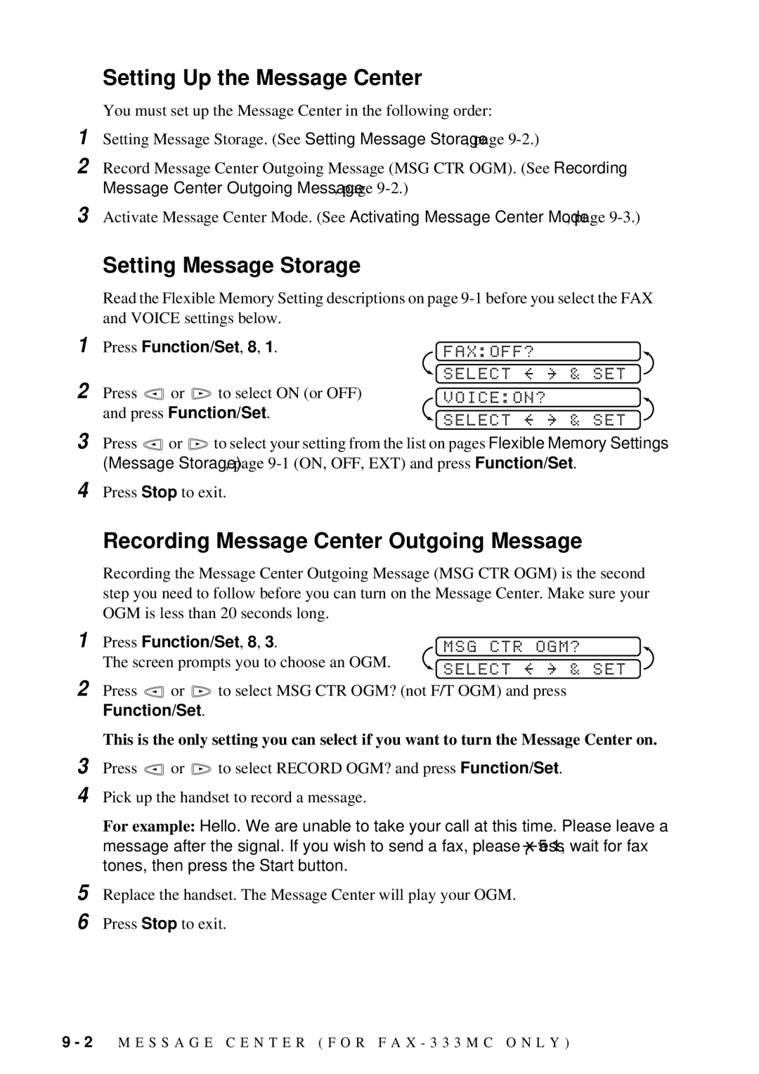 Brother FAX-202, FAX-222 owner manual Recording Message Center Outgoing Message, Select & SET, Voiceon?, Select SET, Msg Ctr 