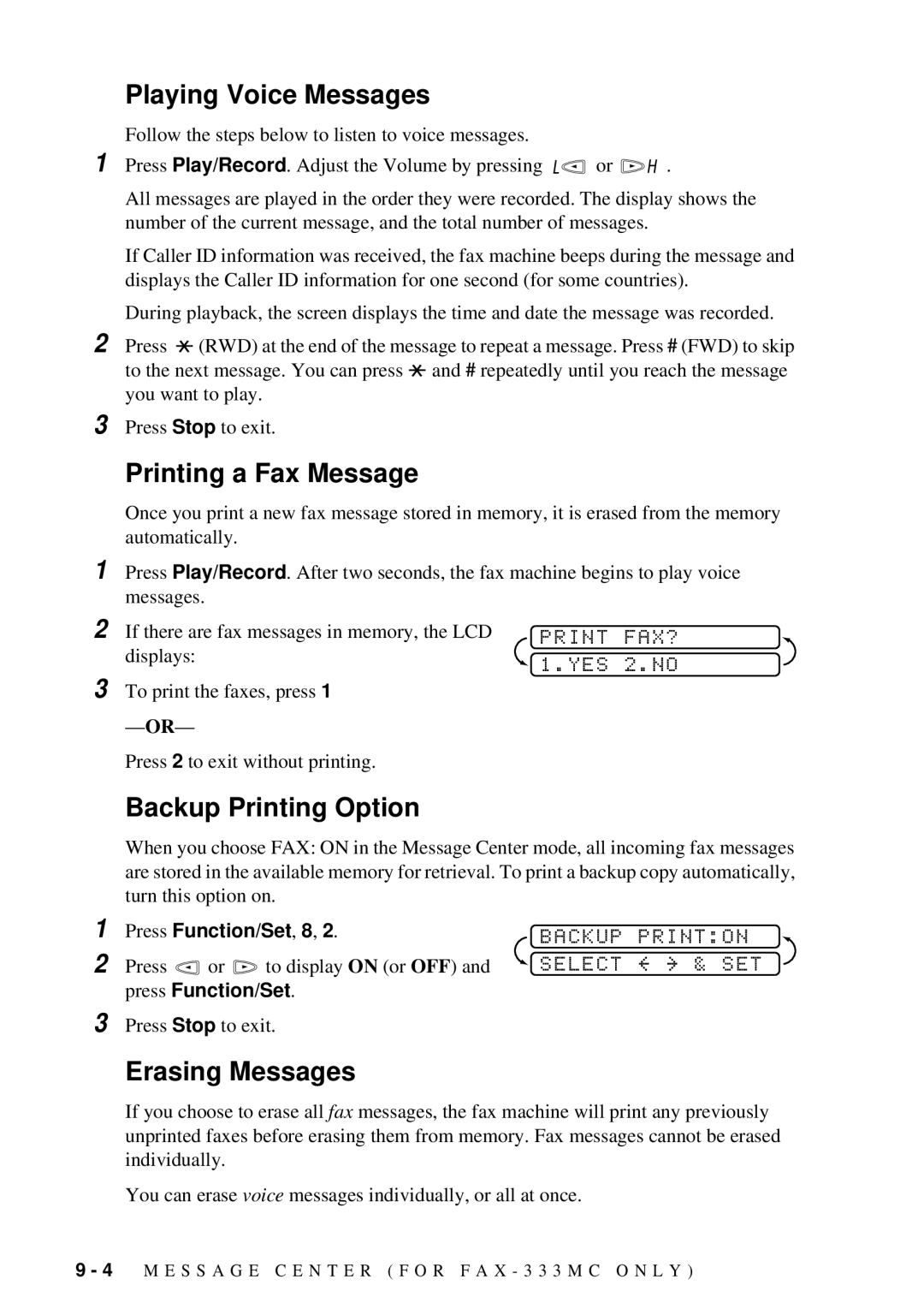 Brother FAX-202, FAX-222 Playing Voice Messages, Printing a Fax Message, Backup Printing Option, Erasing Messages 