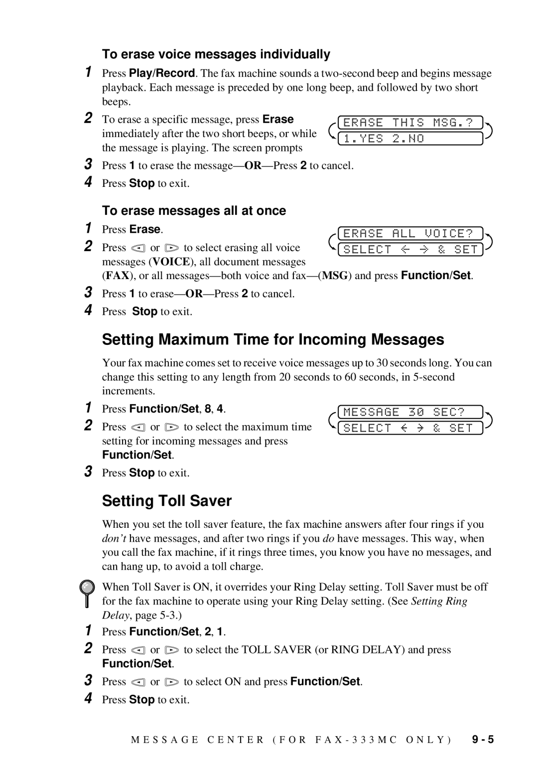 Brother FAX-222 Setting Maximum Time for Incoming Messages, Setting Toll Saver, To erase voice messages individually 