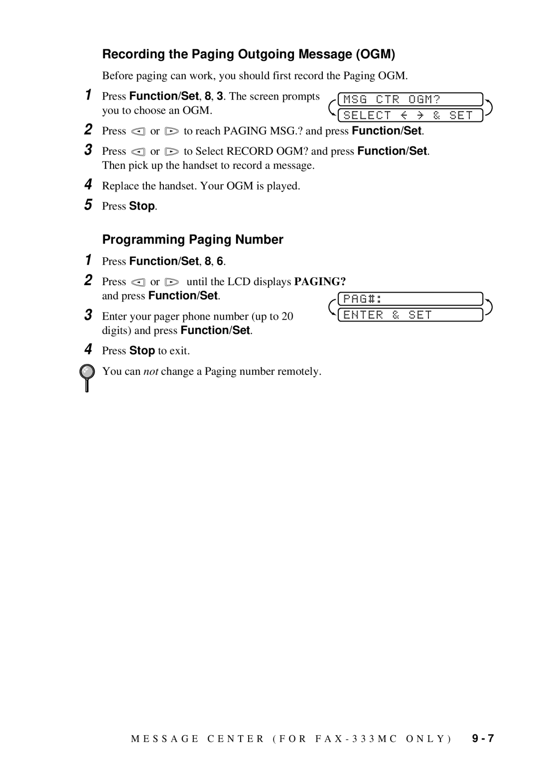 Brother FAX-222, FAX-202 owner manual Pag#, Press or to reach Paging MSG.? and press Function/Set 