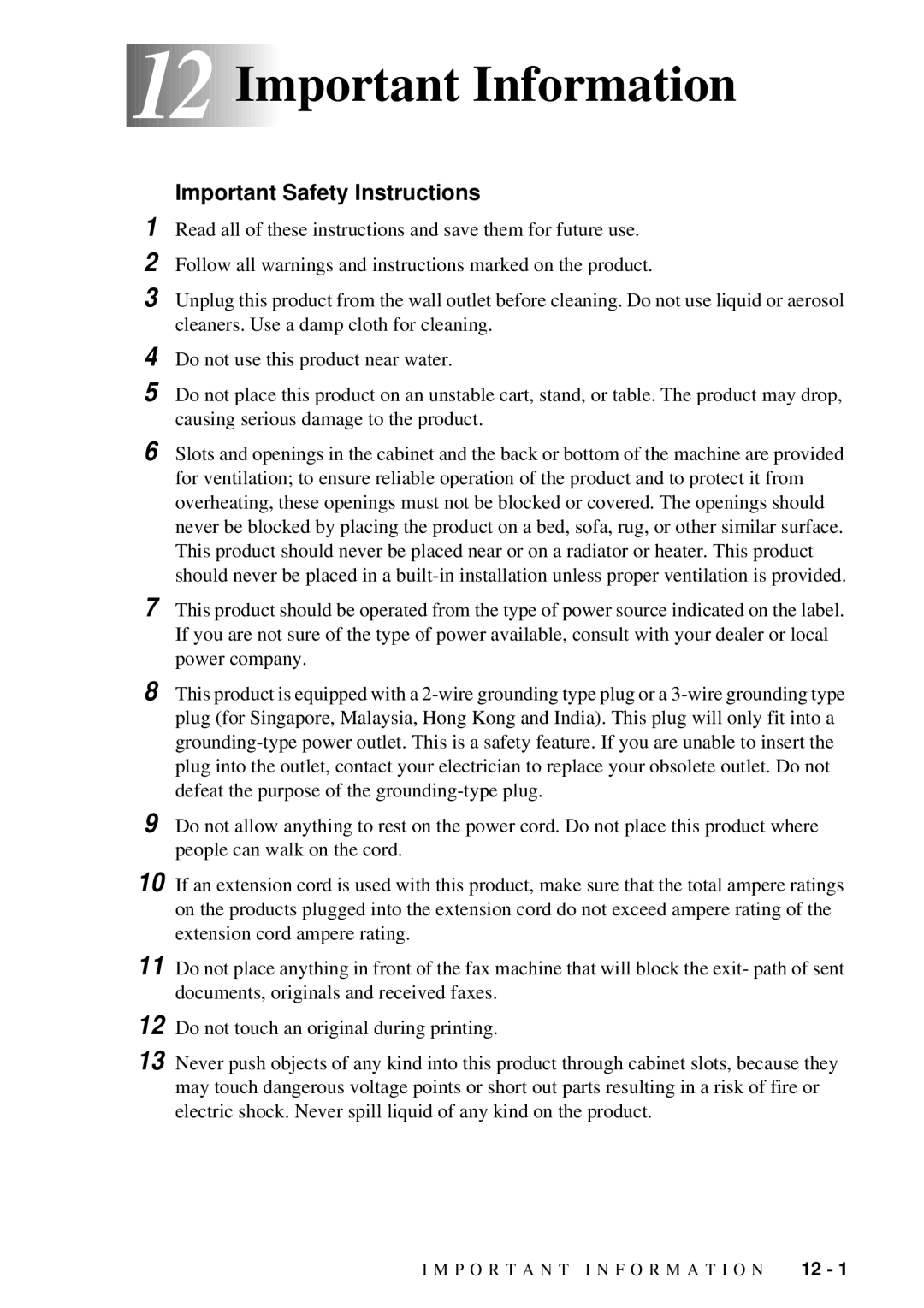 Brother FAX-222, FAX-202 owner manual 12Important Information 