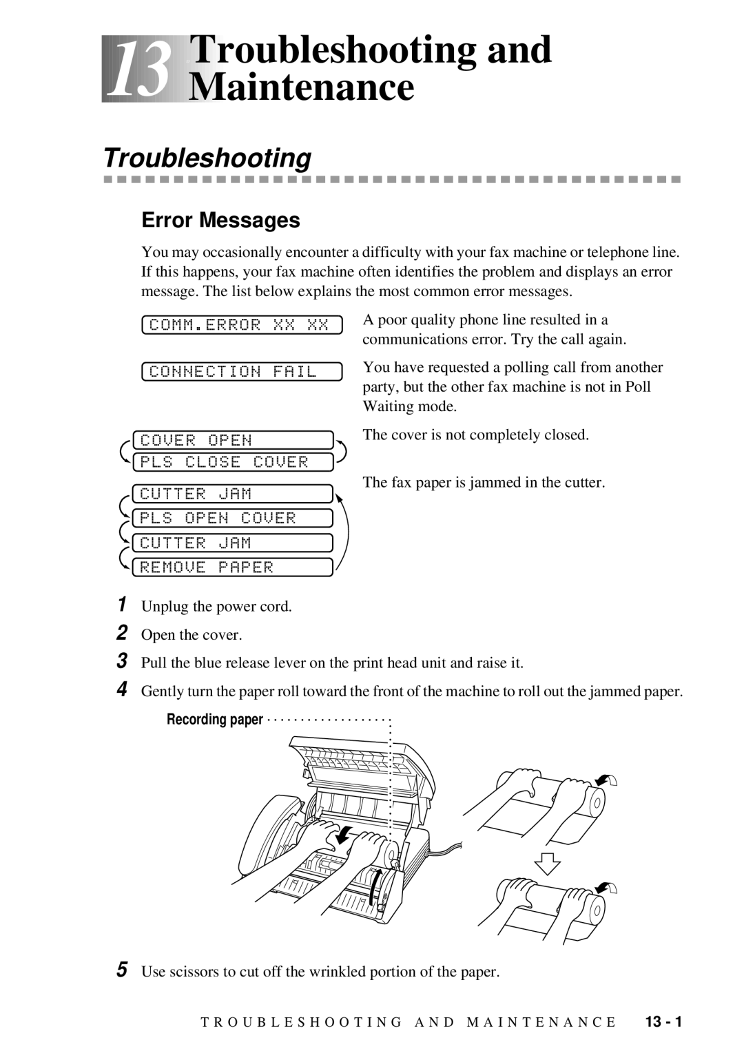 Brother FAX-222, FAX-202 owner manual 13Troubleshooting and Maintenance, Error Messages 