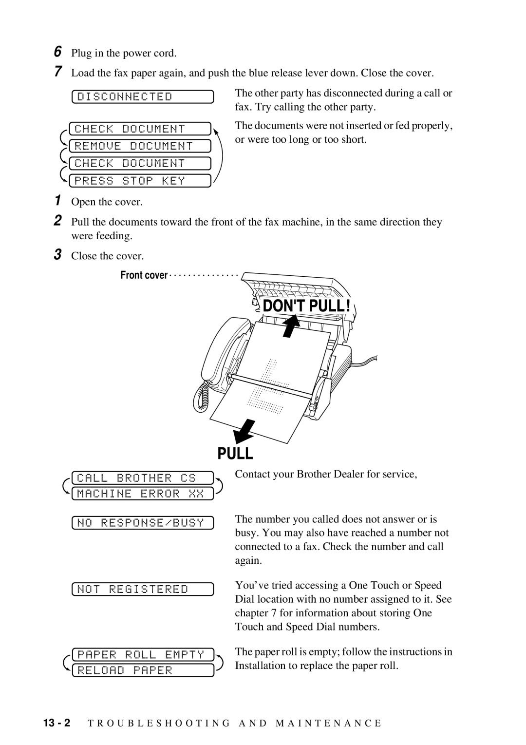 Brother FAX-202, FAX-222 owner manual Disconnected, Check Document, Remove Document Check Press Stop KEY 