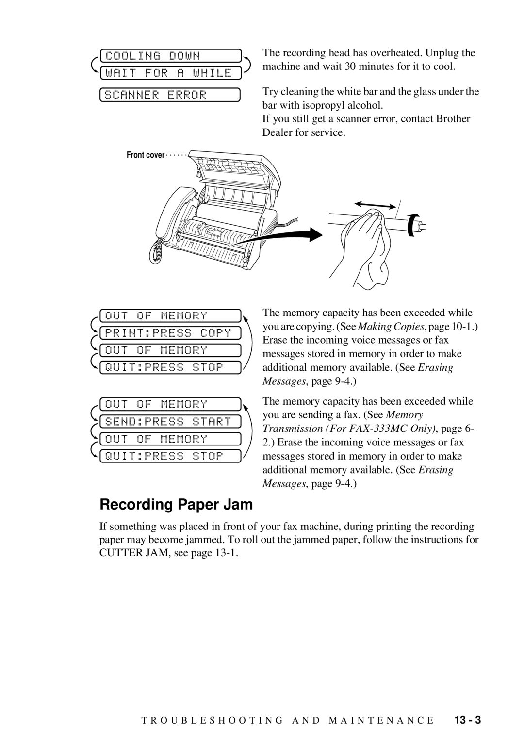 Brother FAX-222, FAX-202 owner manual Recording Paper Jam, Cooling Down Wait for a While 