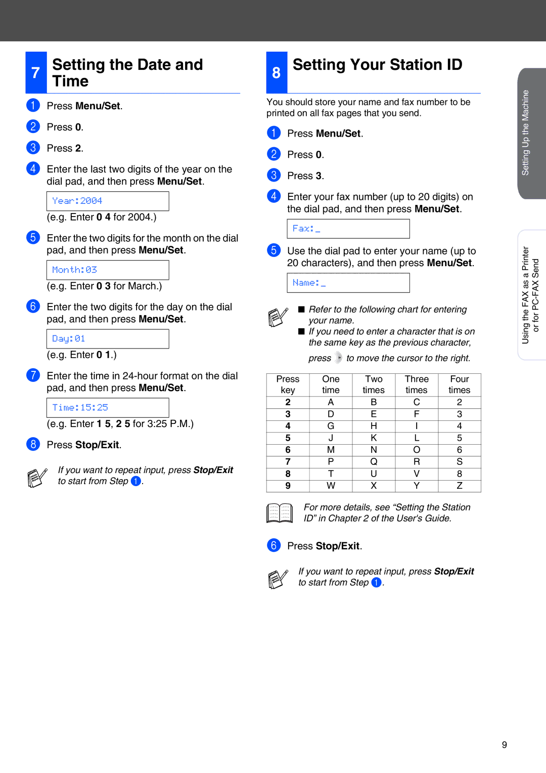 Brother FAX-2440C setup guide Setting the Date, Time, Setting Your Station ID, Press Menu/Set, Press Stop/Exit 