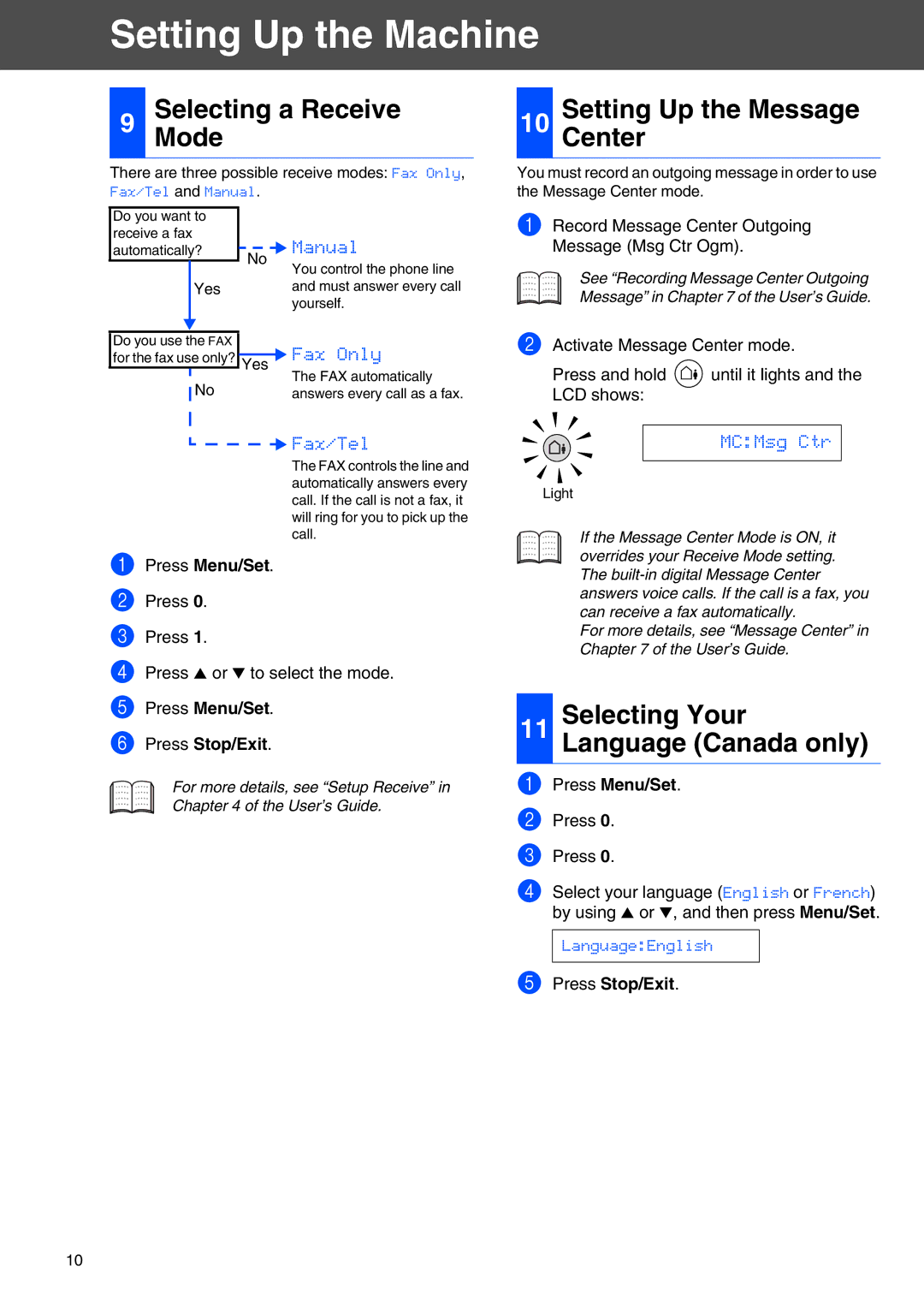 Brother FAX-2440C setup guide Mode, Press Menu/Set Press Stop/Exit 