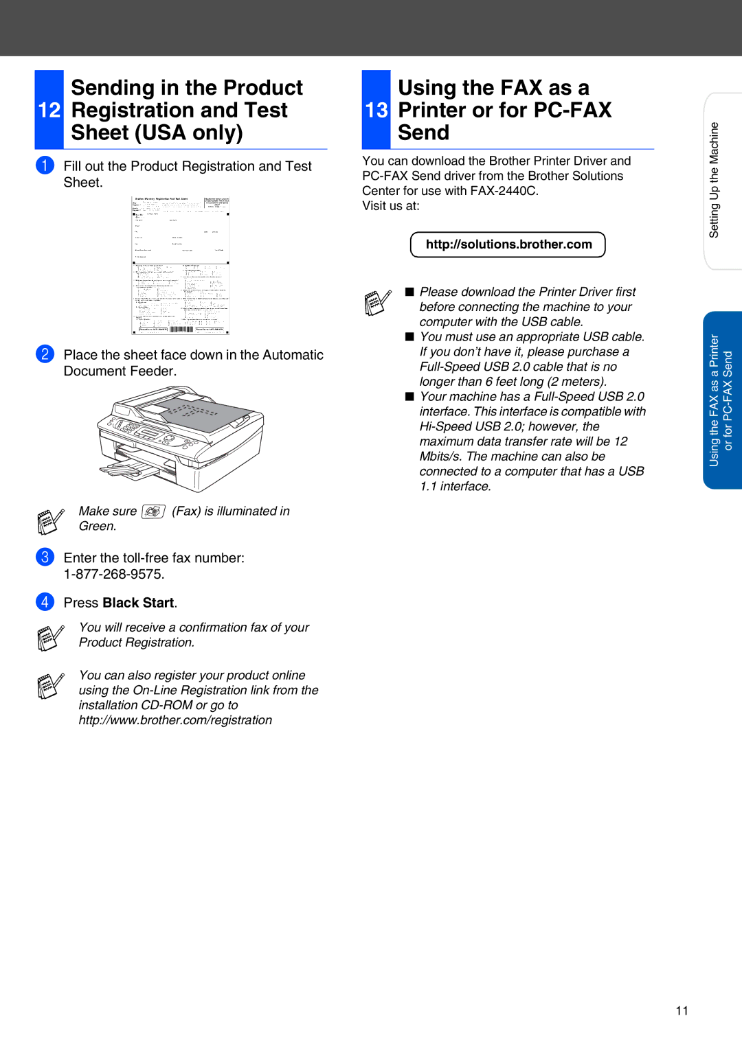 Brother FAX-2440C setup guide Sending in the Product Registration and Test Sheet USA only, Press Black Start 