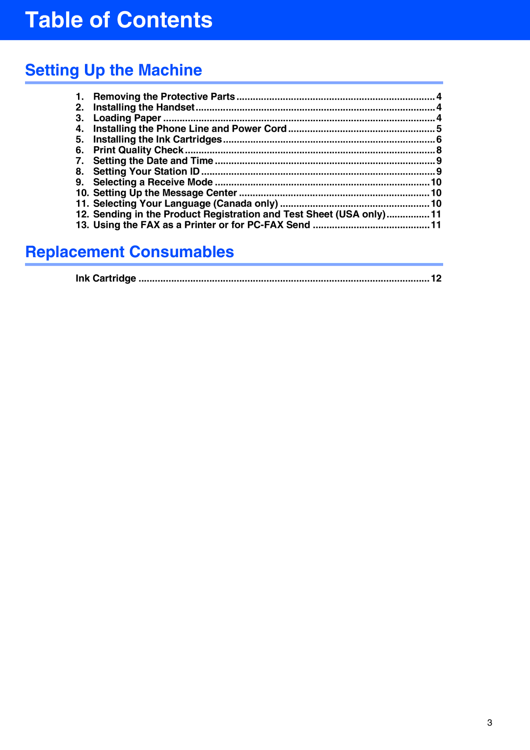 Brother FAX-2440C setup guide Table of Contents 