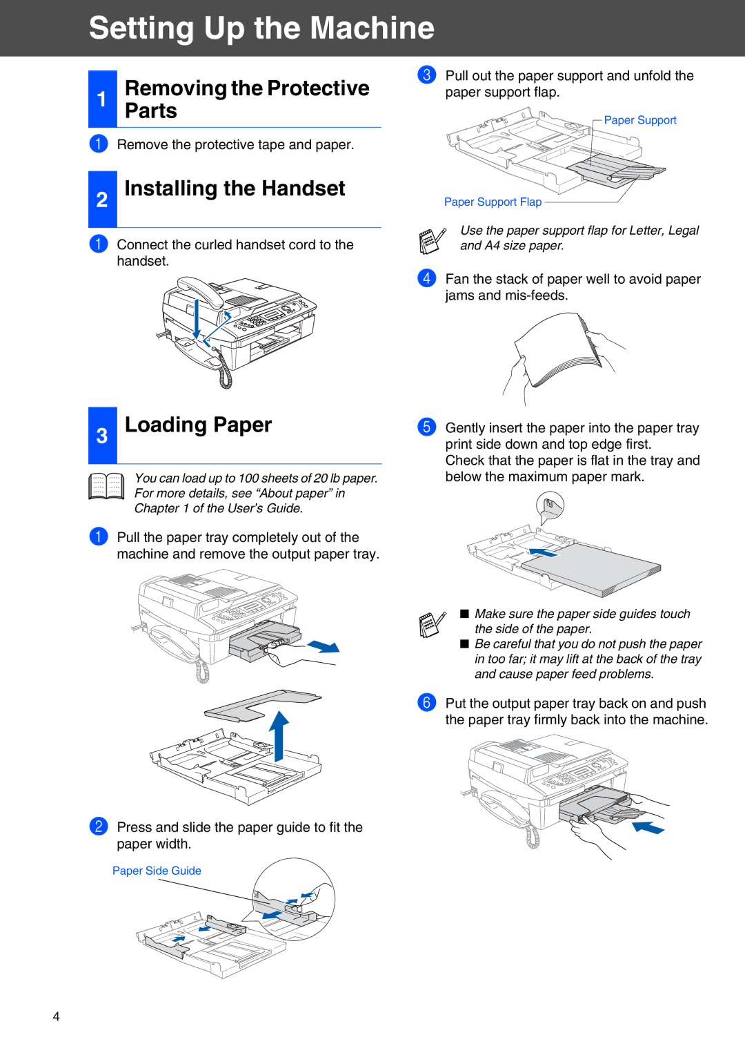 Brother FAX-2440C setup guide Setting Up the Machine, Parts, Installing the Handset, Loading Paper 