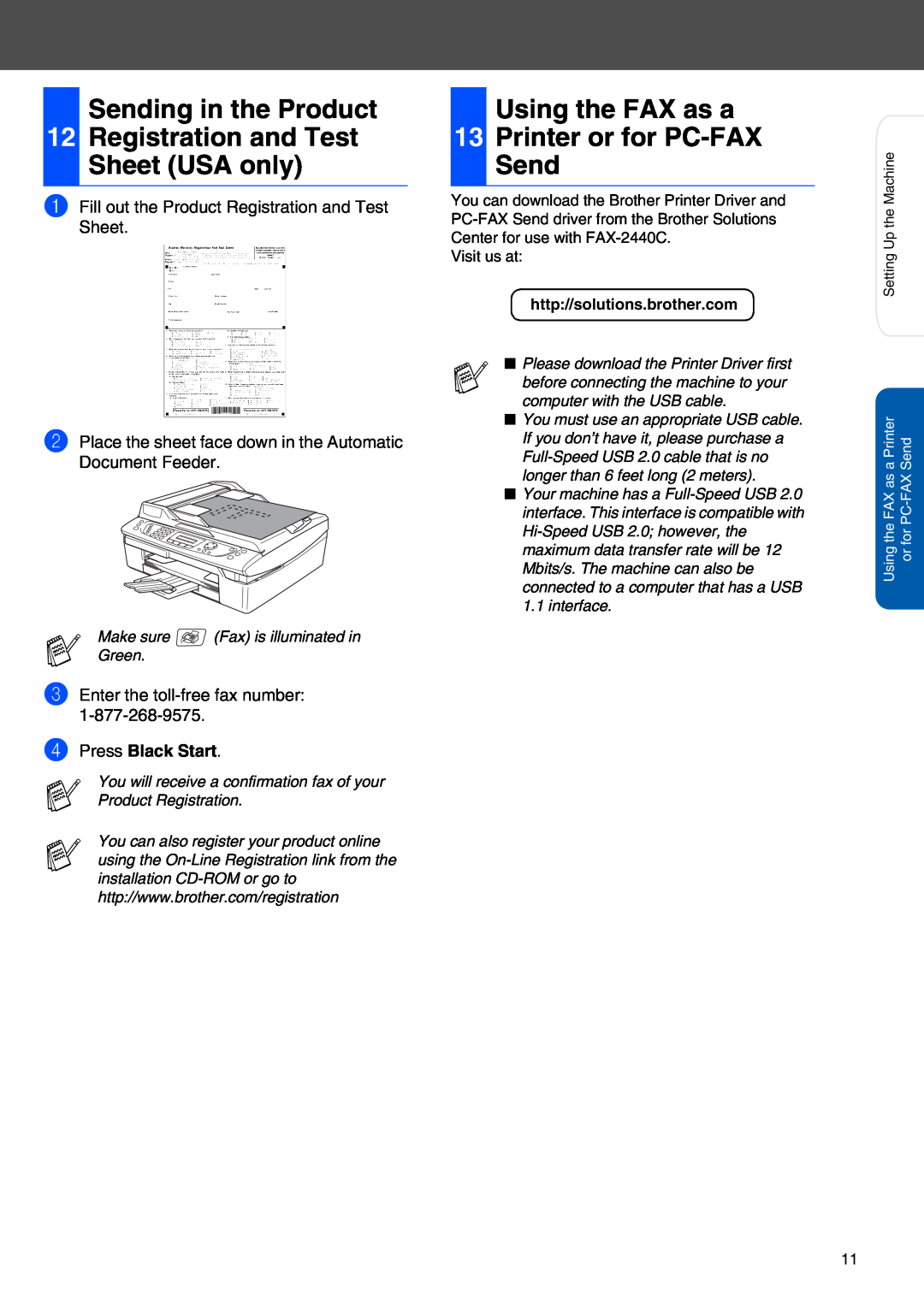 Brother FAX-2440C setup guide Sending in the Product, Using the FAX as a 13 Printer or for PC-FAX Send, Press Black Start 