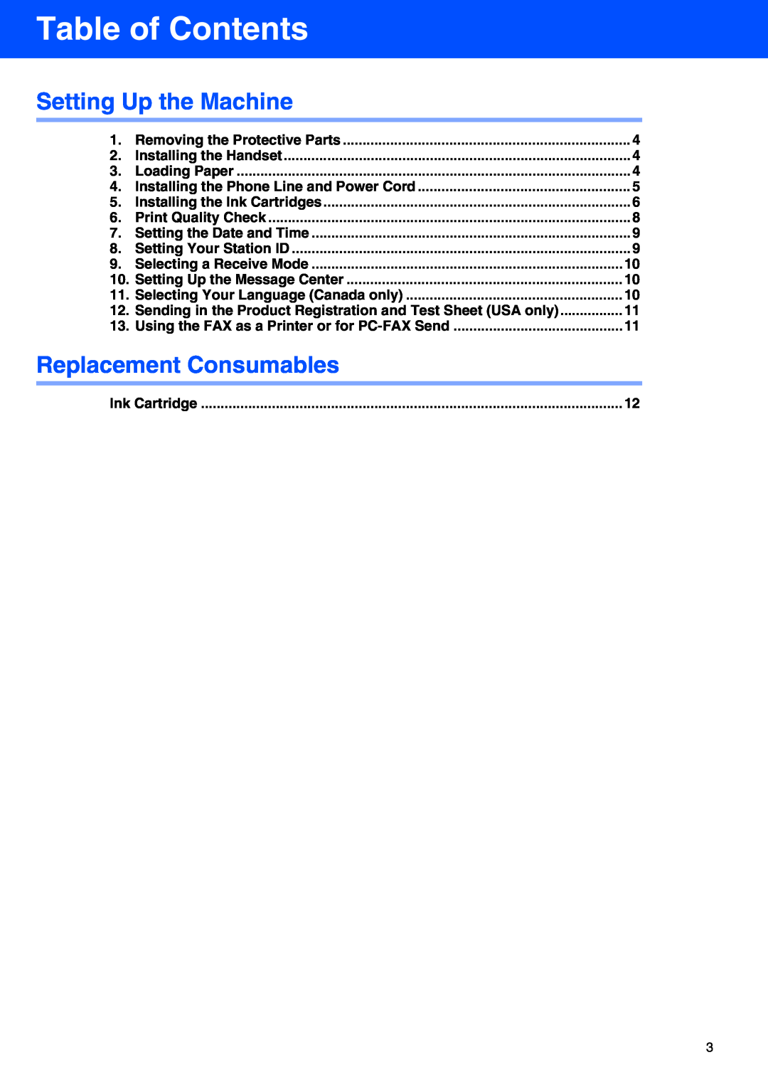 Brother FAX-2440C Table of Contents, Selecting a Receive Mode, Selecting Your Language Canada only, Ink Cartridge 