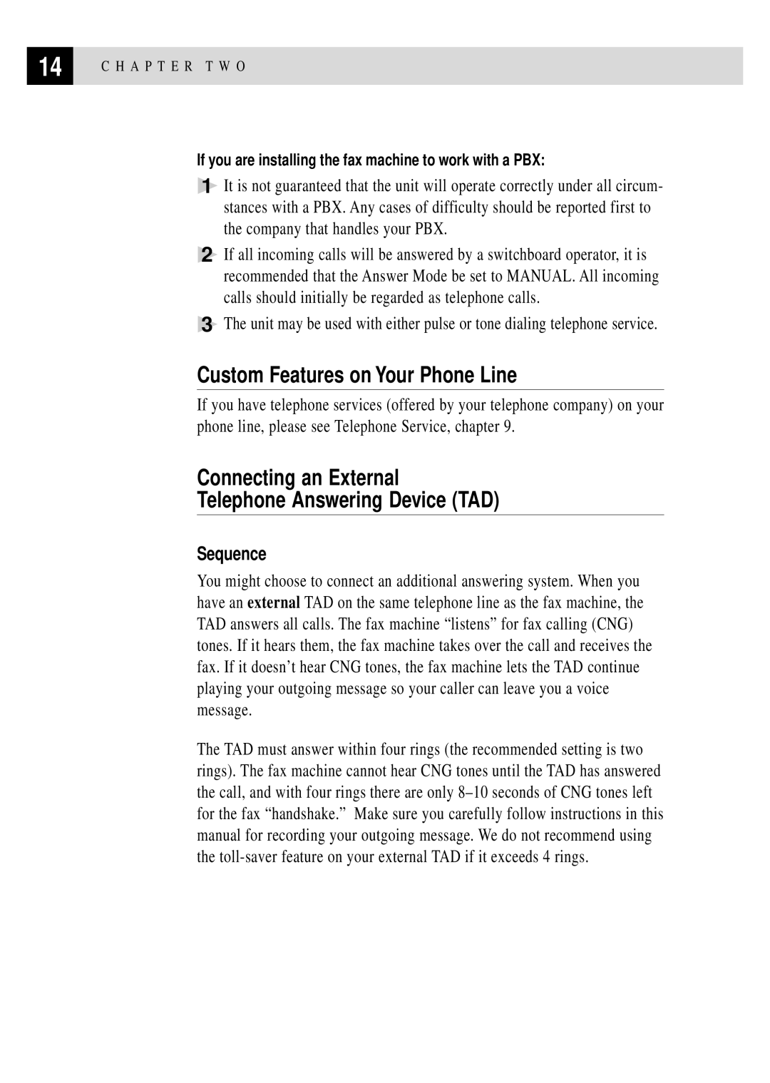 Brother FAX 255 Custom Features on Your Phone Line, Connecting an External Telephone Answering Device TAD, Sequence 