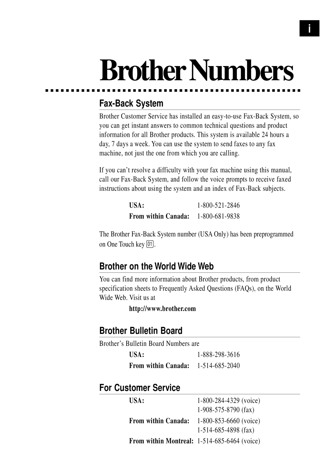 Brother FAX 255 owner manual Fax-Back System, Brother on the World Wide Web, Brother Bulletin Board, For Customer Service 