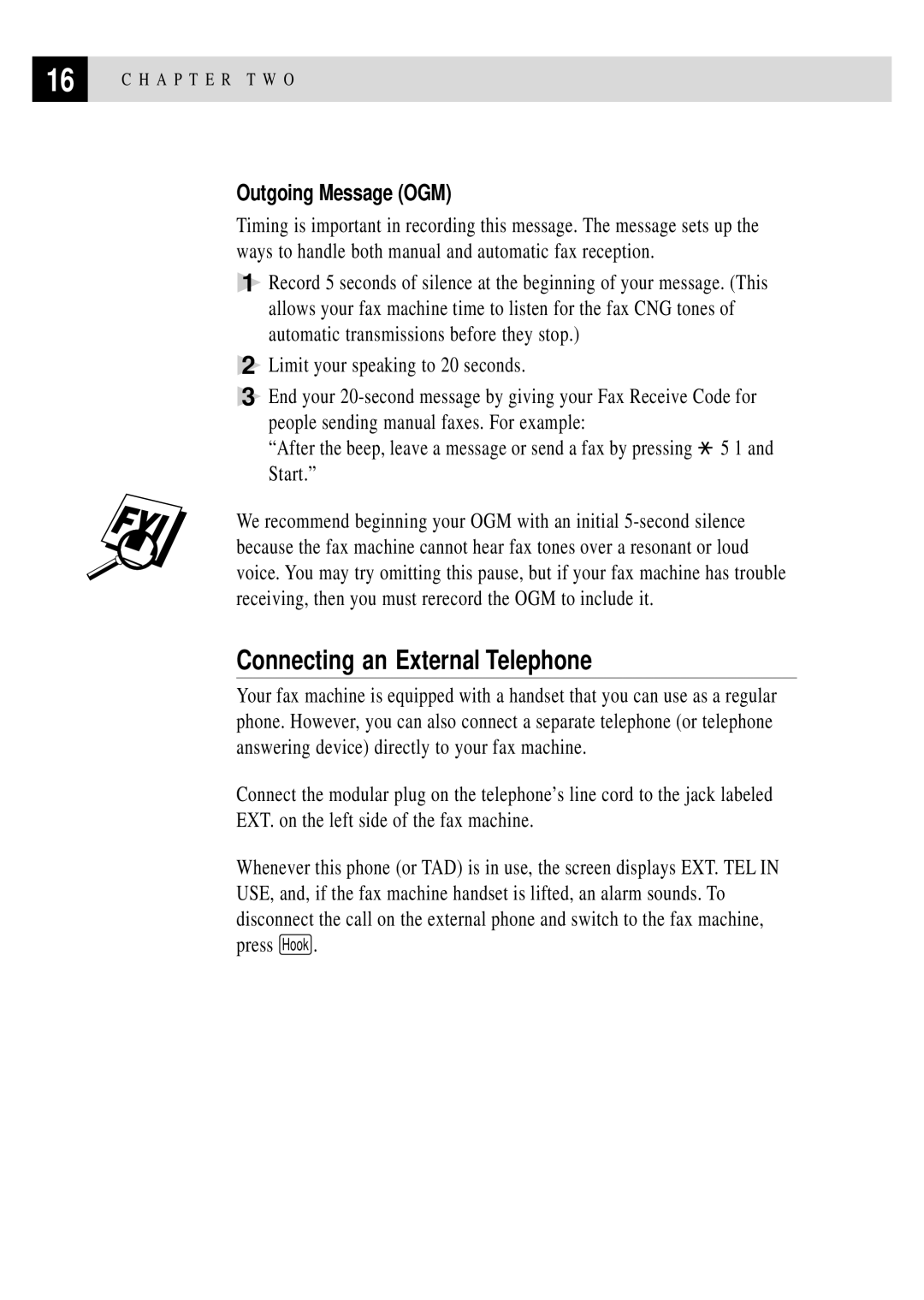 Brother FAX 255 owner manual Connecting an External Telephone, Outgoing Message OGM 