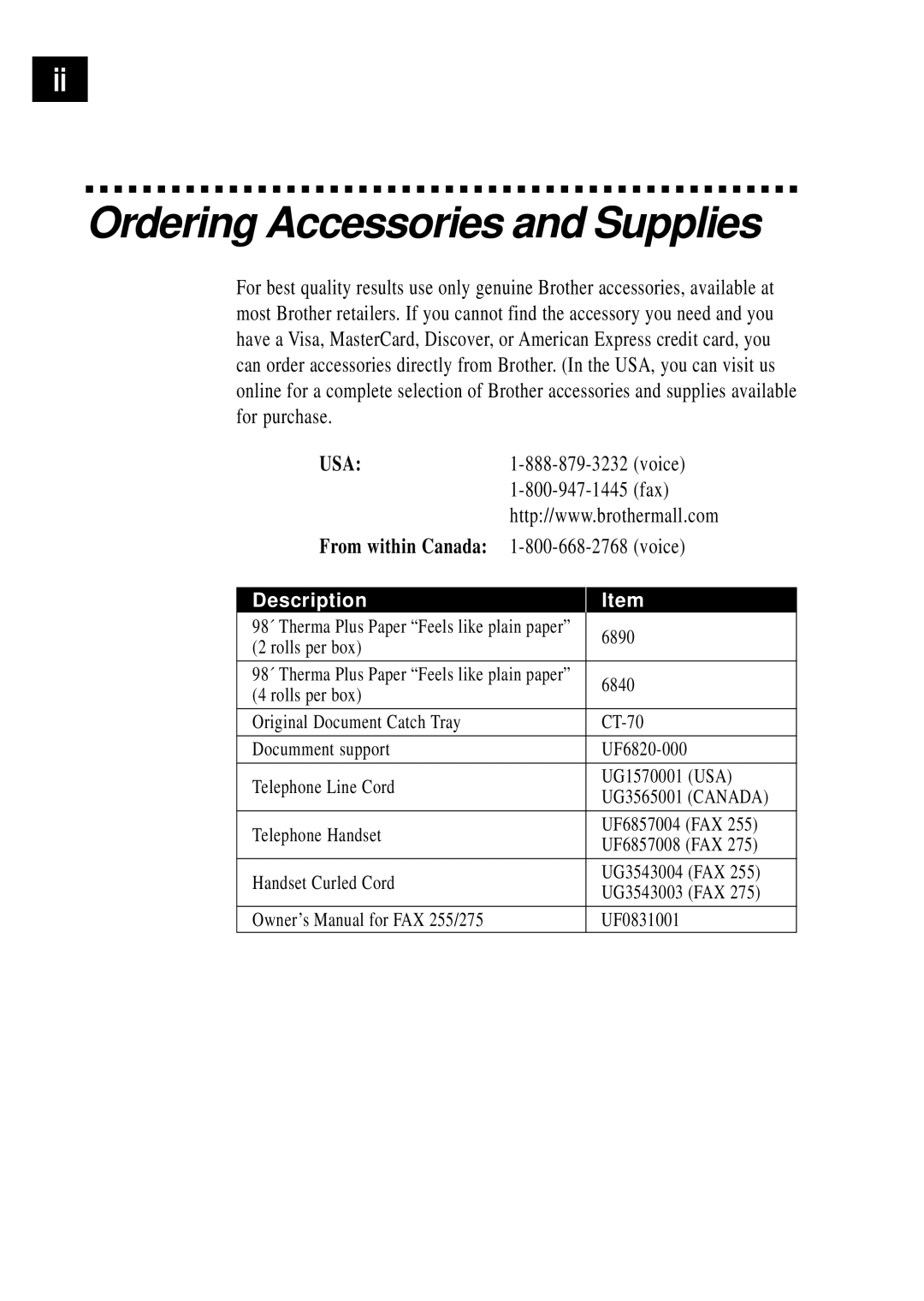 Brother FAX 255 owner manual Ordering Accessories and Supplies, Description 